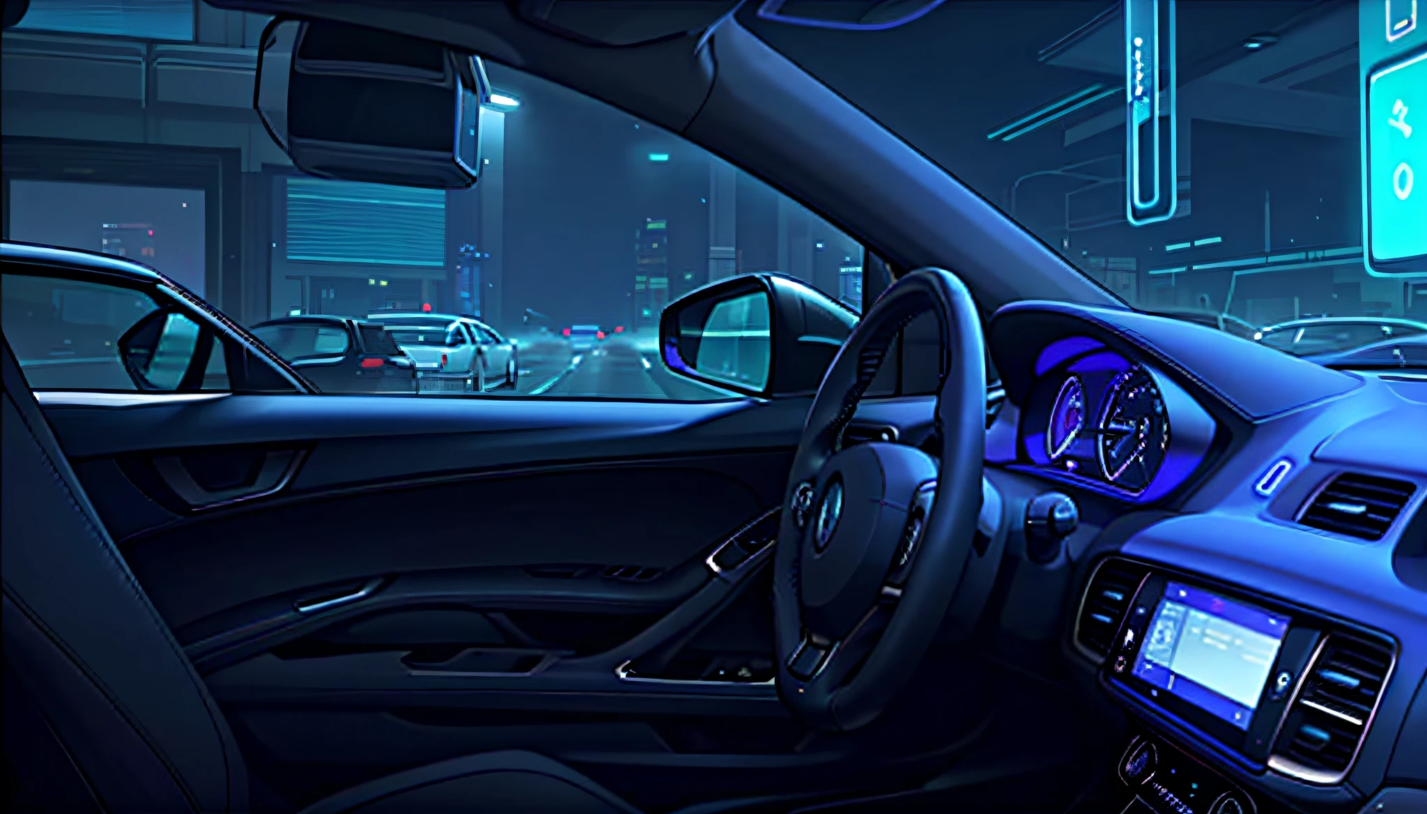a close up of a car dashboard with a clock on the dashboard, glowing blue interior components, glowing interior components, detailed ambient lighting, mysterious ambient lighting, neon ambient lighting, cinematic blue lighting, random background scene, initial d anime screenshot, inside of a car, art deco outrun anime aesthestic, ambient lights, bright ambient lighting, dim ambient lighting