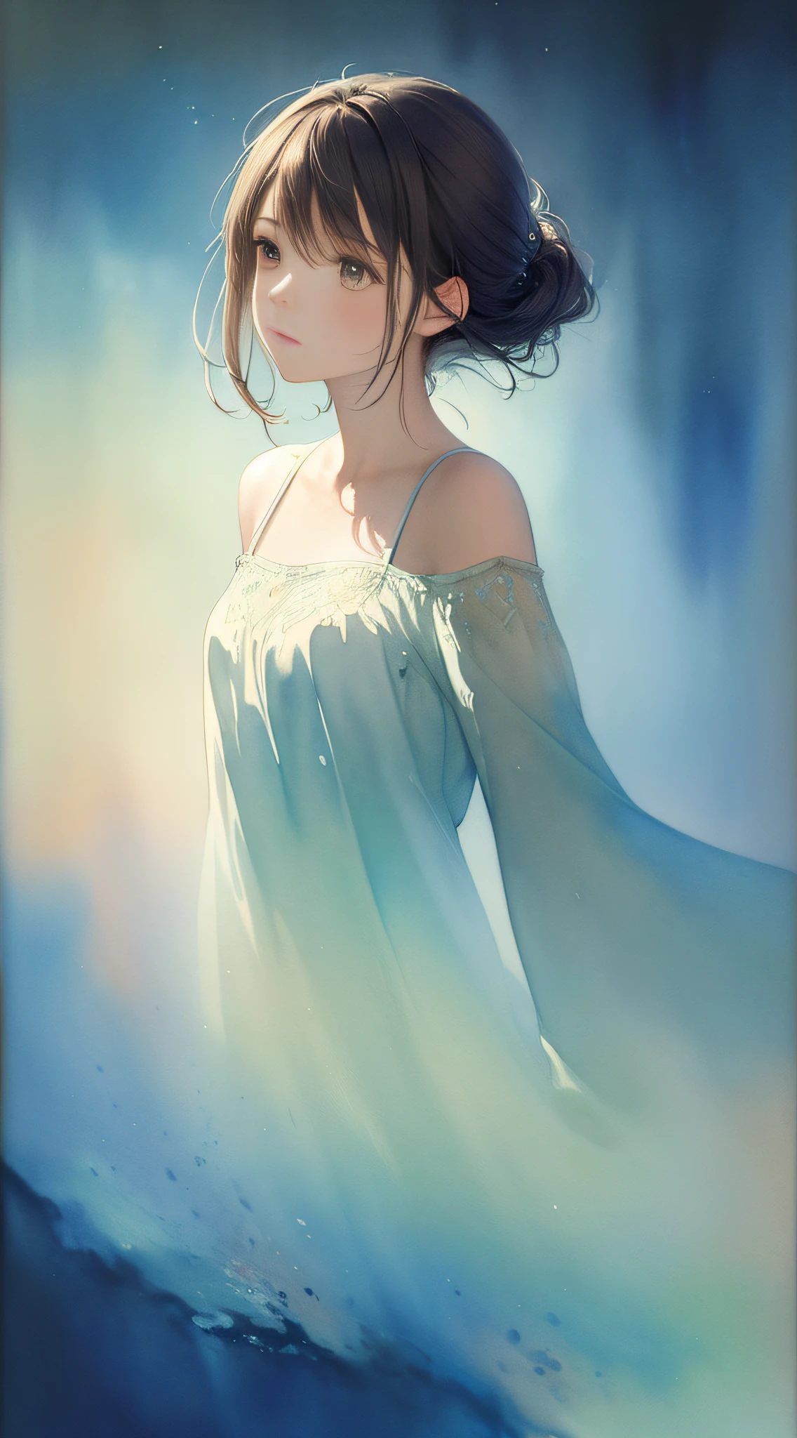 (masterpiece:1.1, highres:1.4) , 1 girl, watercolor style, (soft blending:1.2) , fluid colors, dreamy washes, delicate textures, organic shapes, atmospheric depth, bubble, limited color,