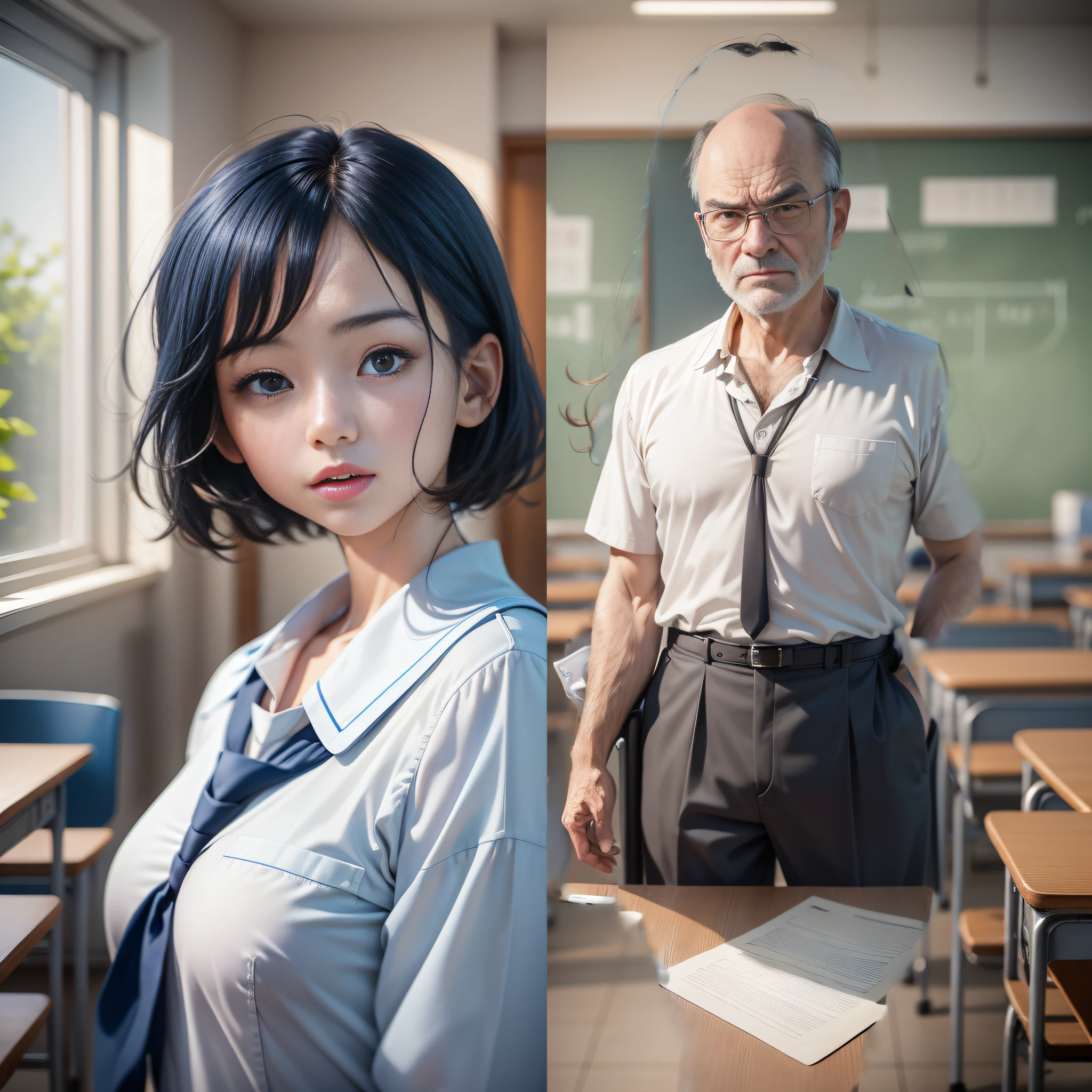 (Balding old uncle teacher: 1.5), majesty, a pair of glasses, (gray short sleeves: 1.2), serious, angry, real picture quality, (catch-up: 1.2), high detail of characters, high quality, 4k, 8k, best anime quality,