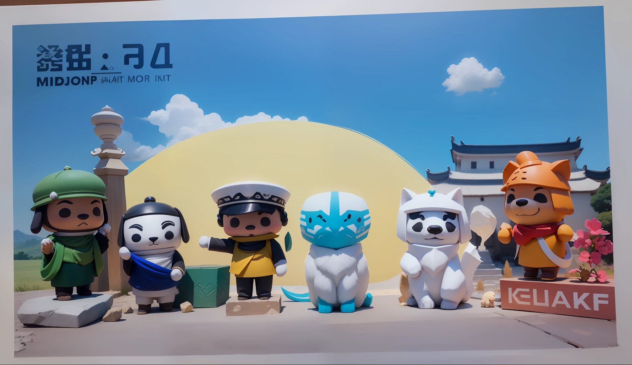 Use the power of Midjourney, replace the head of the character in the picture with a stone dog, redraw the color of the character in the picture, and the character should have a Chinese soaring cloud pattern, simple