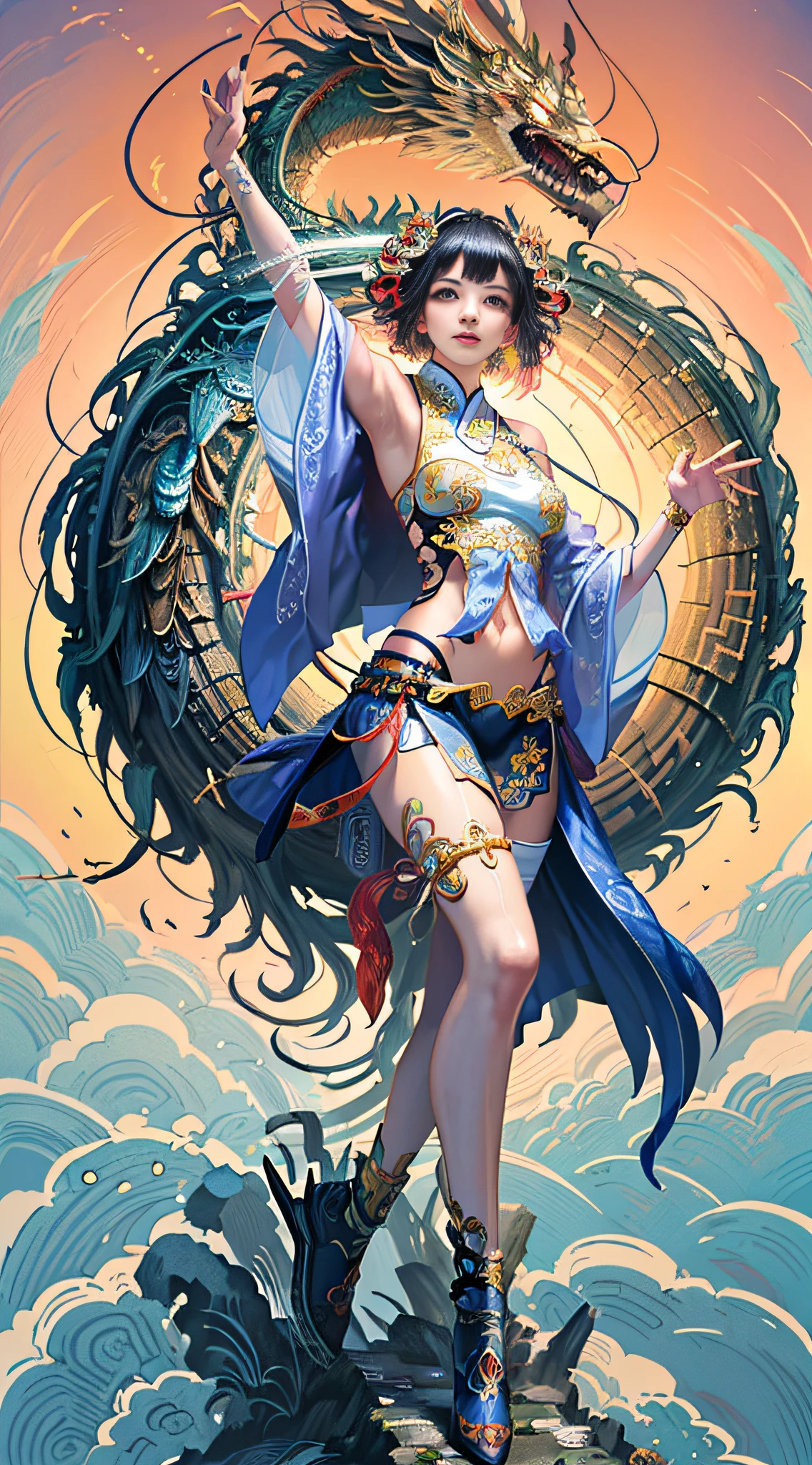 Official Art, Unified 8K Wallpapers, Ultra Detailed, Beautiful and Aesthetic, Masterpiece, Best Quality, (Zentangle, Tangle, Entangle), (fractal art: 1.4), (character center: 1.3), 1girl, black hair, Chinese, off-the-shoulders, short skirt, calf, navel, very detailed, dynamic angle, cowboyshot, (most beautiful form of chaos), ethereal, (bright colors), oc, (half: 1.2), china, (thangka flying sky: 1.5), (ribbon: 1.3), (dream: 1.5), (hanfu: 1.5), Chinese dragon, Chinese phoenix, (smile: 0.5), ( Chinese deities),