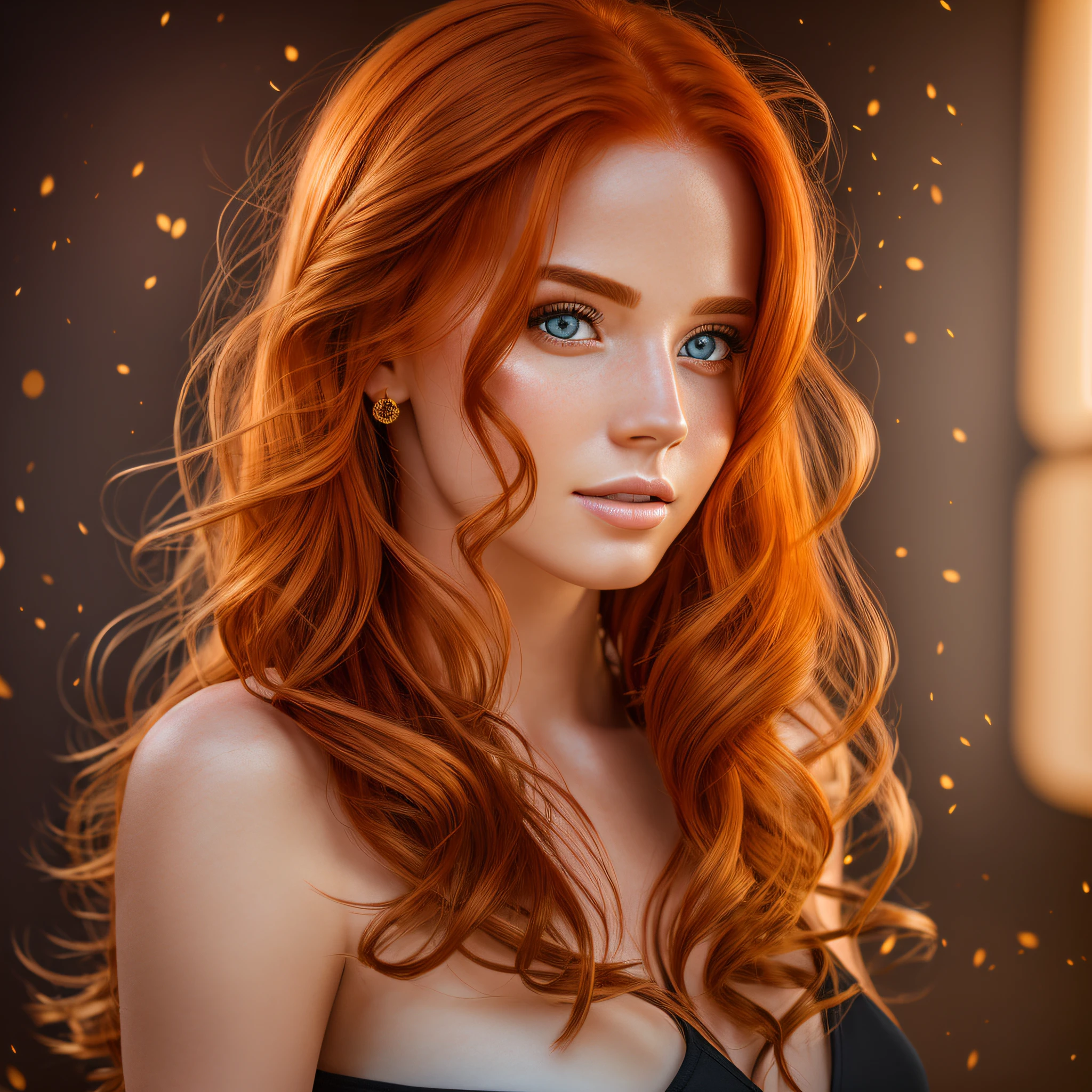 Golden Red hair with beautiful girl, photorealistic, dark studio, rim lighting, two tone lighting,(high detailed skin:1.2), 8k uhd, dslr, soft lighting, high quality, volumetric lighting, candid, photograph, high resolution, 4k, 8k, bokeh --auto --s2