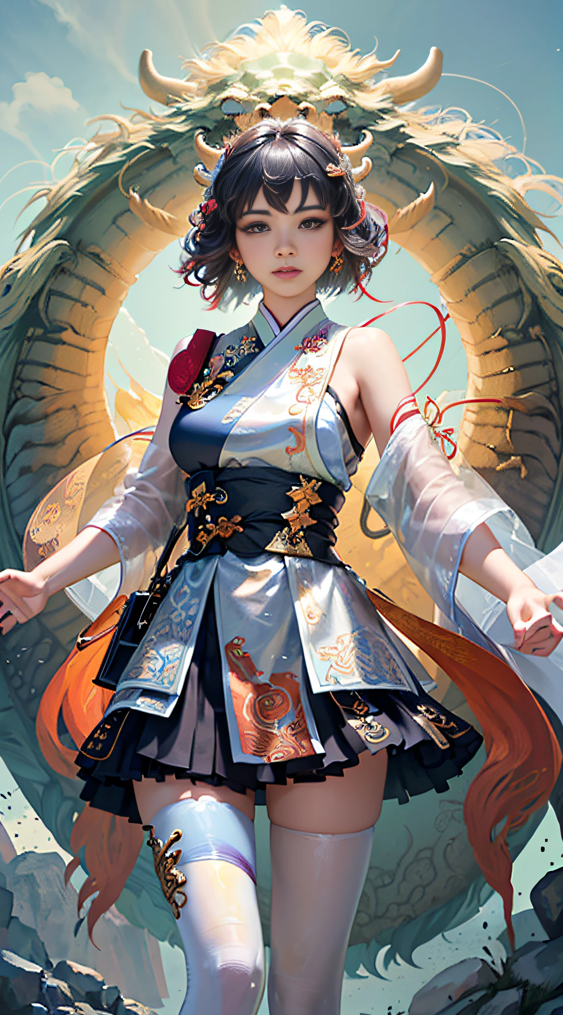 Official Art, Unified 8K Wallpapers, Ultra Detailed, Beautiful and Aesthetic, Masterpiece, Best Quality, (Zentangle, Tangle, Entangle), (fractal art: 1.4), (character center: 1.3), 1girl, black hair, Chinese, off-the-shoulders, short skirt, calf, navel, very detailed, dynamic angle, cowboyshot, (most beautiful form of chaos), ethereal, (bright colors), oc, (half: 1.2), china, (thangka flying sky: 1.5), (ribbon: 1.3), (dream: 1.5), (hanfu: 1.5), Chinese dragon, Chinese phoenix, (smile: 0.5), ( Chinese deities),