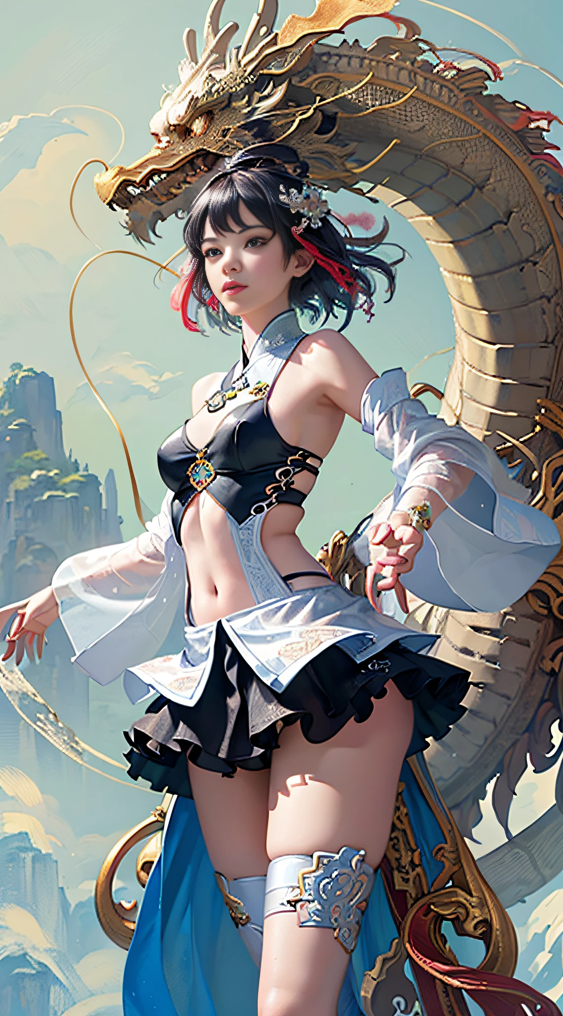 Official Art, Unified 8K Wallpapers, Ultra Detailed, Beautiful and Aesthetic, Masterpiece, Best Quality, (Zentangle, Tangle, Entangle), (fractal art: 1.4), (character center: 1.3), 1girl, black hair, Chinese, off-the-shoulders, short skirt, calf, navel, very detailed, dynamic angle, cowboyshot, (most beautiful form of chaos), ethereal, (bright colors), oc, (half: 1.2), china, (thangka flying sky: 1.5), (ribbon: 1.3), (dream: 1.5), (hanfu: 1.5), Chinese dragon, Chinese phoenix, (smile: 0.5), ( Chinese deities),