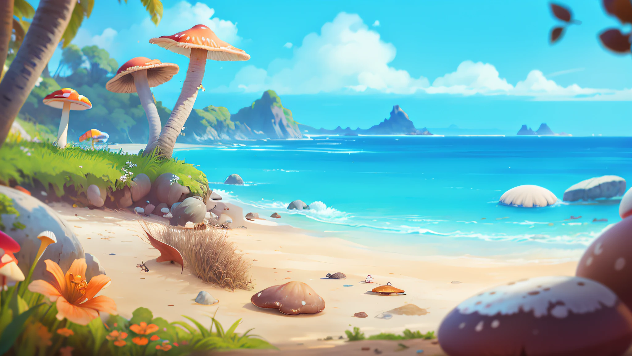 Beach, mushrooms, green grass, orange flowers, conch, waves, stones, blue sky, white clouds