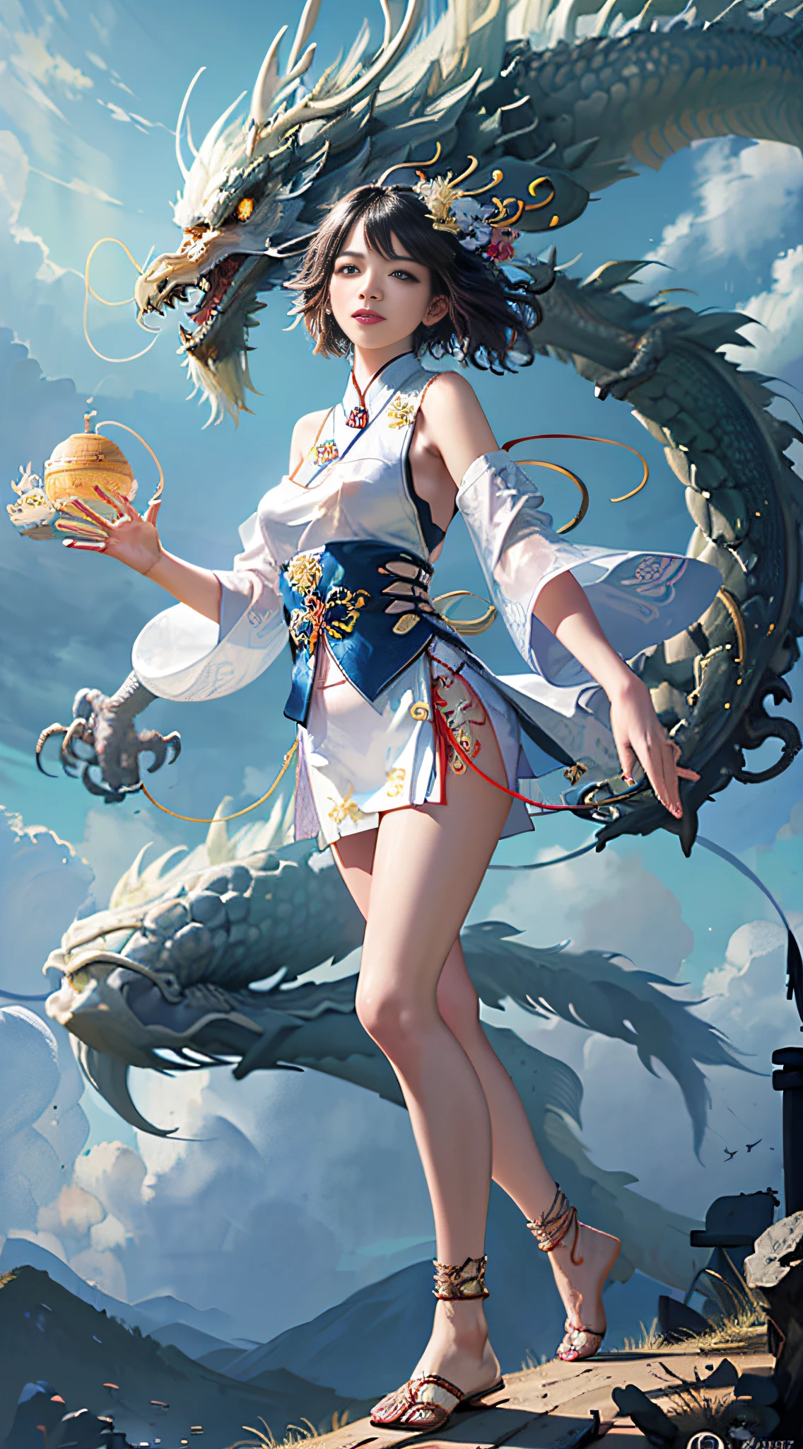 Official Art, Unified 8K Wallpapers, Ultra Detailed, Beautiful and Aesthetic, Masterpiece, Best Quality, (Zentangle, Tangle, Entangle), (fractal art: 1.4), (character center: 1.3), 1girl, black hair, Chinese, off-the-shoulders, short skirt, calf, navel, very detailed, dynamic angle, cowboyshot, (most beautiful form of chaos), ethereal, (bright colors), oc, (half: 1.2), china, (thangka flying sky: 1.5), (ribbon: 1.3), (dream: 1.5), (hanfu: 1.5), Chinese dragon, Chinese phoenix, (smile: 0.5), ( Chinese deities),