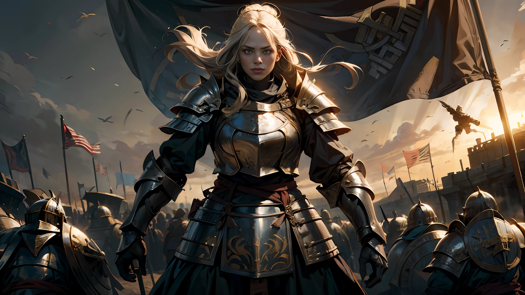 1 Girl, knight, heavy armor, Middle Ages, standing in the ancient battlefield, flying flag, dawn of victory