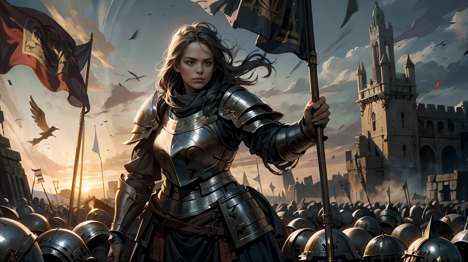 1 Girl, knight, heavy armor, Middle Ages, standing in the ancient battlefield, flying flag, dawn of victory