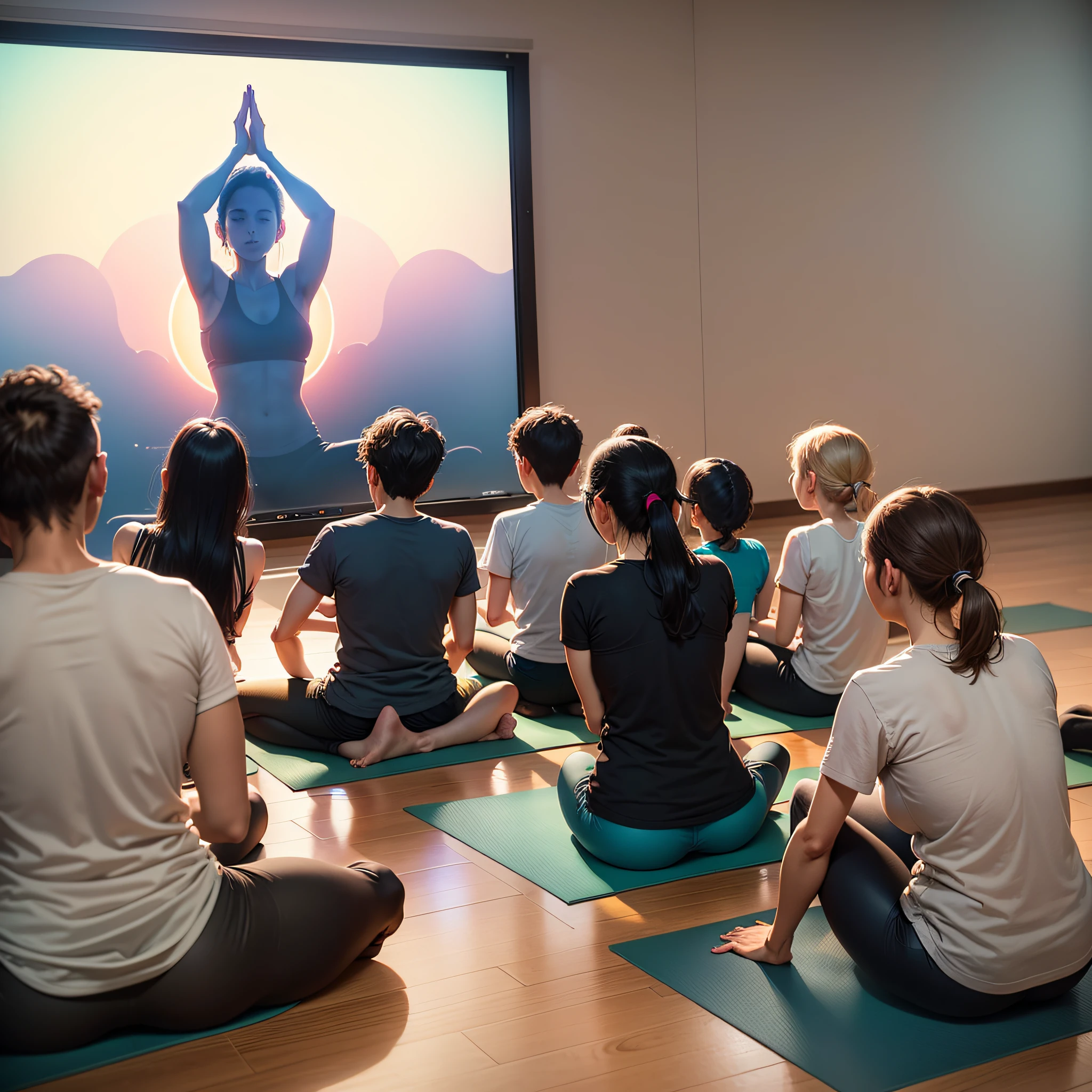 Six students learning by watching images projected from projectors in a yoga studio --auto --s2