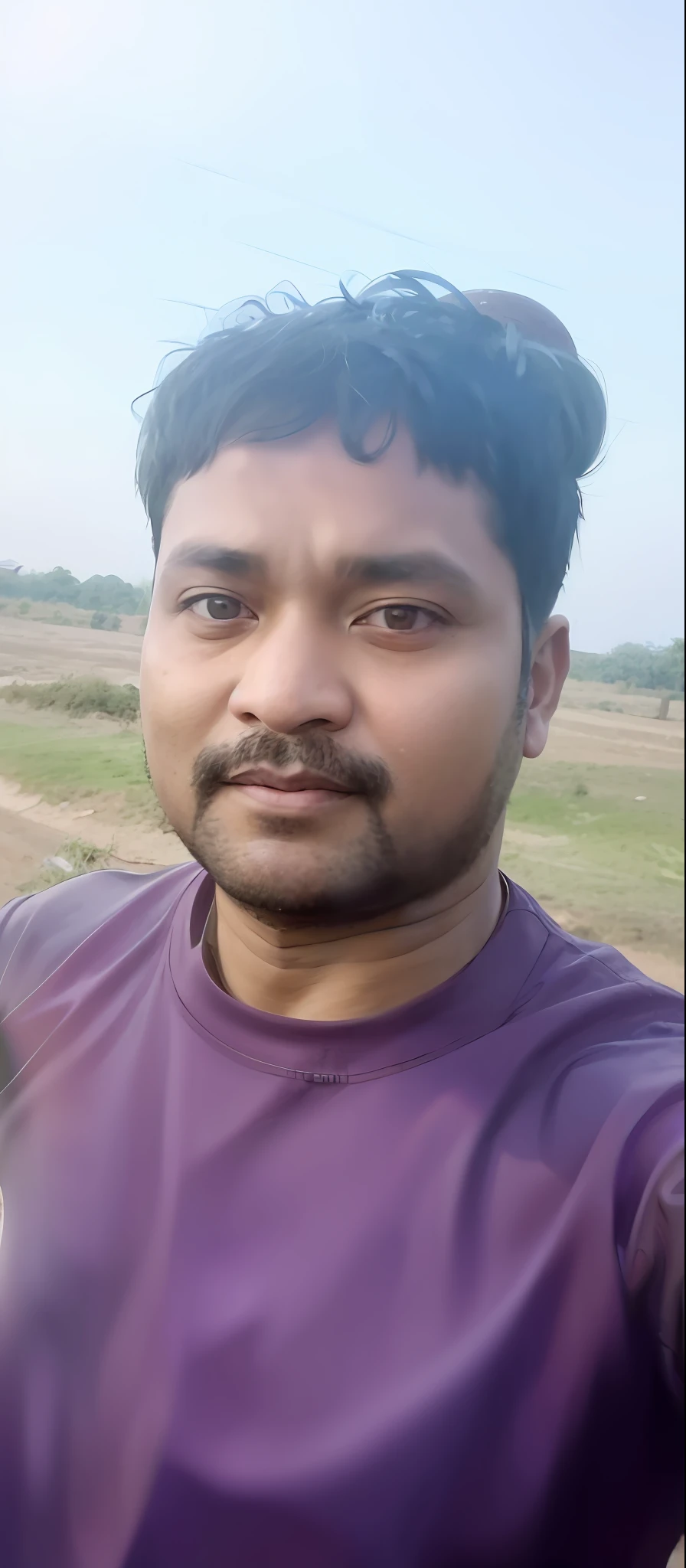 there is a man that is standing in the dirt with a banana, 4 0 years old man, vastayan, without helmet, vinayak, selfie photo, around 1 9 years old, about 3 5 years old, 8k selfie photograph, dhamphir, with accurate face, very clear picture, 2 7 years old, very very low quality picture, without beard