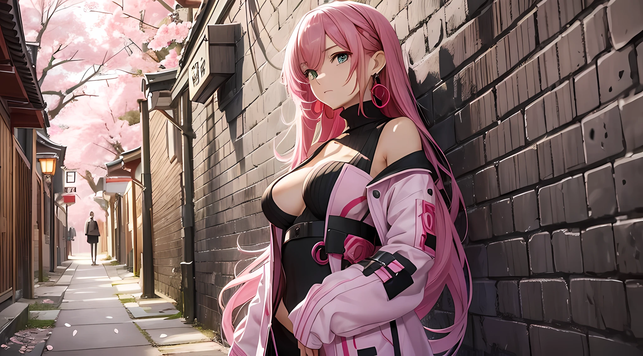 (Masterpiece, Superb Quality, 1Girl, Solo, Complex Details, Color Aberration), Realism, Full Body, (Medium Breath), Bare Shoulders, Big Breasts, Sexy, Yae Miko, Long Pink Hair, Red Headgear, Red Highlight, Hair Above One Eye, Green Eyes, Earrings, Sharp Eyes, Perfect Symmetrical Figure, Choker, Neon Shirt, Open Jacket, Turtleneck Sweater, Against Wall, Brick Wall, Graffiti, Dim Lighting, Alley, Looking at the Audience, (Seductive, Charming), (Cherry Blossom Background), ( Japanese temple background), (night) --auto --s2