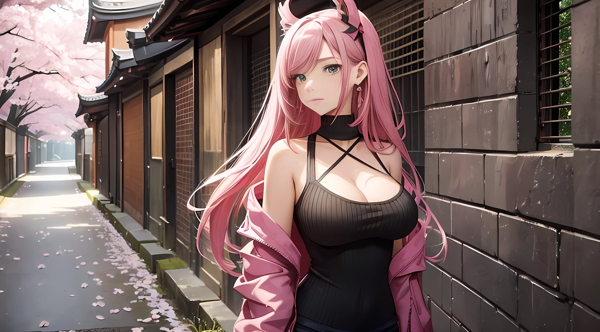 (Masterpiece, Superb Quality, 1Girl, Solo, Complex Details, Color Aberration), Realism, Full Body, (Medium Breath), Bare Shoulders, Big Breasts, Sexy, Yae Miko, Long Pink Hair, Red Headgear, Red Highlight, Hair Above One Eye, Green Eyes, Earrings, Sharp Eyes, Perfect Symmetrical Figure, Choker, Neon Shirt, Open Jacket, Turtleneck Sweater, Against Wall, Brick Wall, Graffiti, Dim Lighting, Alley, Looking at the Audience, (Seductive, Charming), (Cherry Blossom Background), ( Japanese temple background), (night) --auto --s2