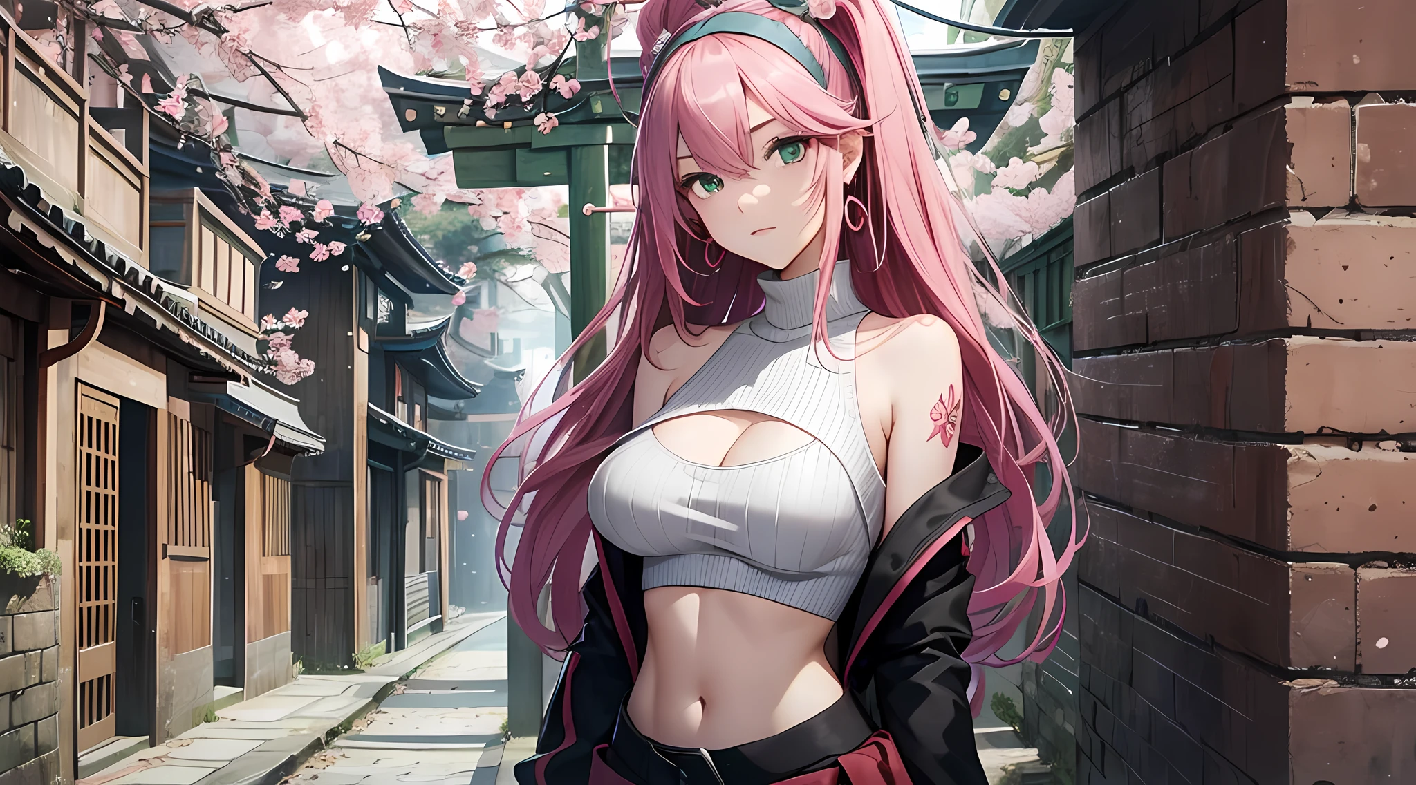 (Masterpiece, Superb Quality, 1Girl, Solo, Complex Details, Color Aberration), Realism, Full Body, (Medium Breath), Bare Shoulders, Big Breasts, Sexy, Yae Miko, Long Pink Hair, Red Headgear, Red Highlight, Hair Above One Eye, Green Eyes, Earrings, Sharp Eyes, Perfect Symmetrical Figure, Choker, Neon Shirt, Open Jacket, Turtleneck Sweater, Against Wall, Brick Wall, Graffiti, Dim Lighting, Alley, Looking at the Audience, (Seductive, Charming), (Cherry Blossom Background), ( Japanese temple background), (night) --auto --s2