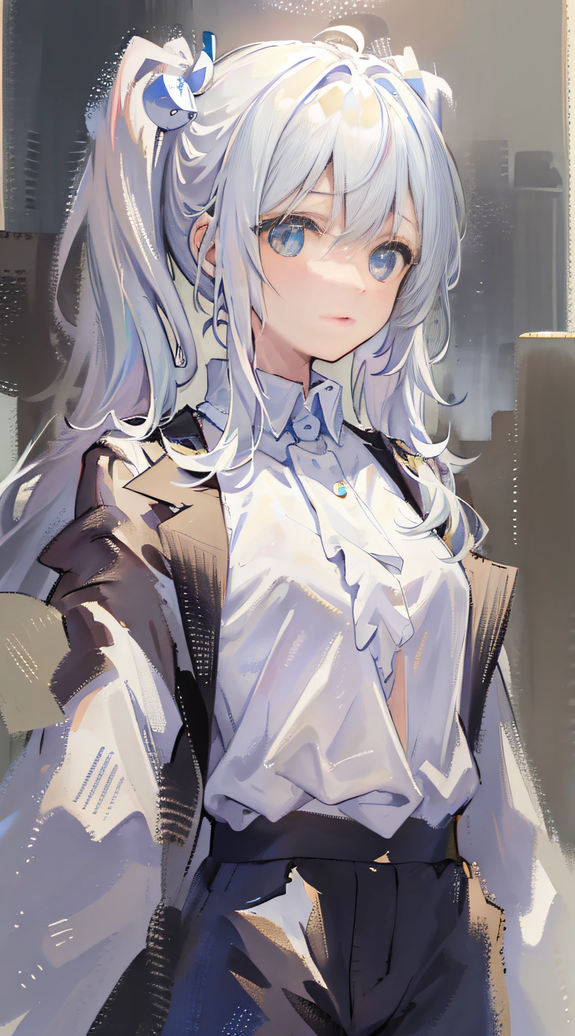 (best quality, masterpiece), 1girl, (female focus), ahoge, white blue hair, ((white shirt), (overfit shrit)), long hair, standing, twintails, [[mild heterochromia]], white background