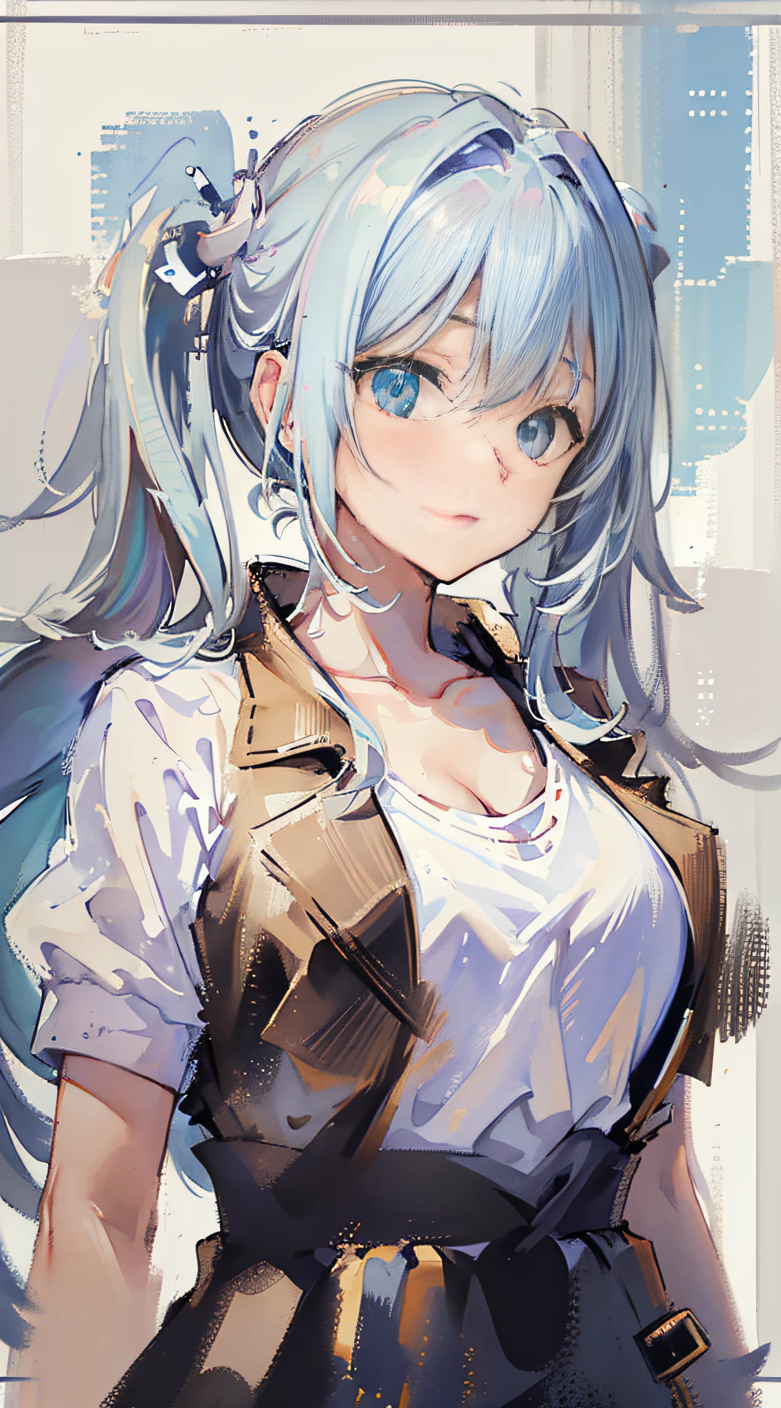 (best quality, masterpiece), 1girl, (female focus), ahoge, white blue hair, ((white shirt), (overfit shrit)), long hair, standing, twintails, [[mild heterochromia]], white background