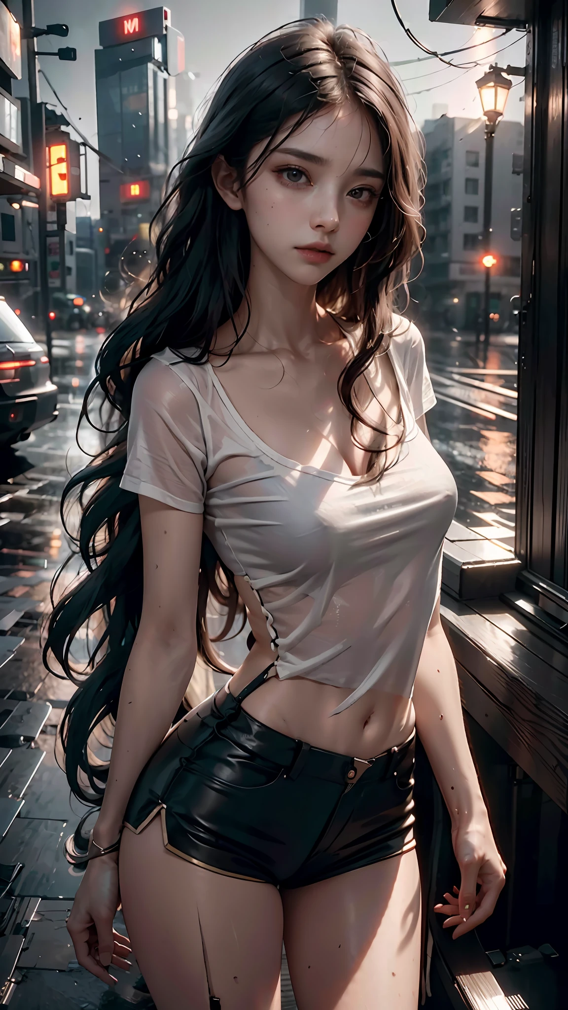 Beautiful woman with wavy hair, delicate and charming eyes, thigh notch, sexy long legs, t-shirt in small shorts, beautiful futuristic cyberpunk + city, mist, damp, rain, best quality masterpiece, realistic, detailed, 8k, HDR, shallow depth of field, wide light, high contrast, backlight, flood, flash, chromatic aberration, sharp focus, RAW color photo