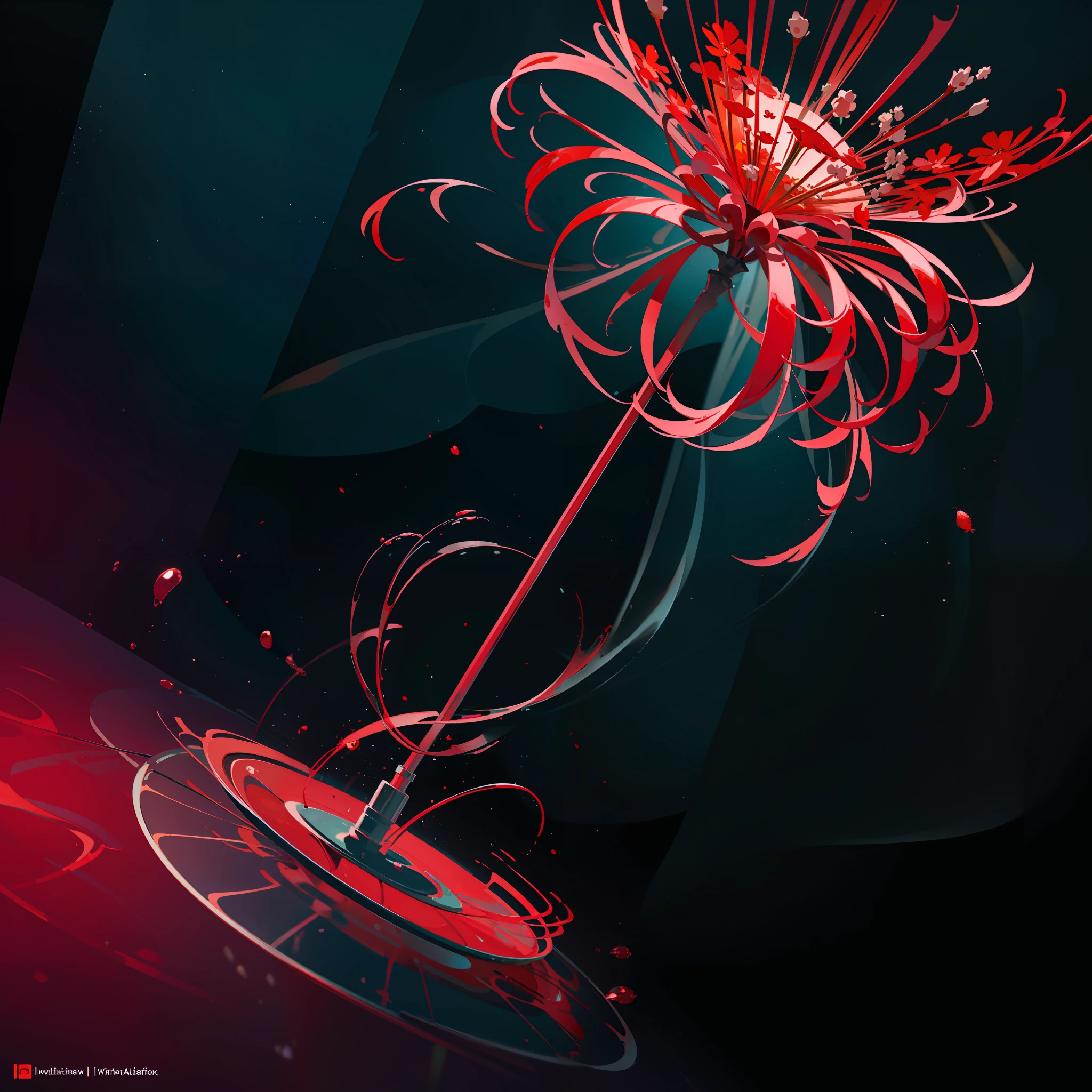 Futuristic flower, red spider lily, sense of design, digital plant, glass, metal, texture, red gradient, deep, octane rendering