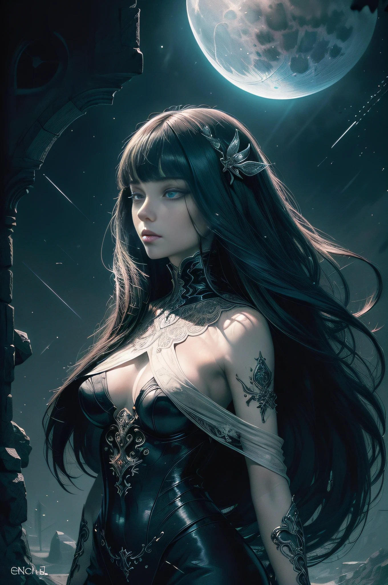 [Detailed illustrations, art based on extremely ideal anatomy, very detailed and detailed drawings, slow and delicate lines, realistic texture expression],((Color tressed lines)),(Artwork with outstanding craftsmanship),(Midnight Ruins (Background of a stone castle with moonlight)) Full Moon,Vampire Girl Japanese Beauty ((Beautiful but sick face, sunken eyes)) Skinny  (delicate and bony figure) Bare feet (((straight cropped bangs)) Fine beautiful straight long hair (black cat),(Beautiful skin shining on the moon (pale skin)),Cloak of darkness (ribbon lace embroidery),(ephemeral melancholy)) (Moonlight))) Gravure (Sedentary) ((Tindall effect)),((Dark fantasy)),((Fine and beautiful skin expression ( Transparency))),(Perfect and beautiful face,Realistic facial details),(Perfect eyes (Realistic pupil details (Beautiful iris drawn in detail) (Sharp pupil))),((Proportioned and perfect proportions)),(Design built at a high level,((Advanced structural understanding)),Ideal color coordination),(Complex decoration (ultra-dense details))),(Detail,High Definition),[ Ultra-precise detail, High quality, high resolution, (((multi-layered texture))],((Accurate simulation of light-material interaction, understanding of air flow, mechanically correct representation)),(((Visual art with narrative)).