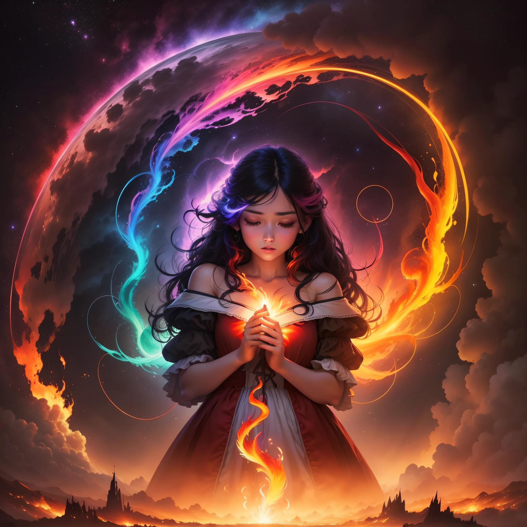 (best quality), a rainbow flame in the middle of (darkest night), colorful, fiery, (shimmering), dreamlike, (magical), (fantastical), (enchanting), (mesmerizing), (ethereal), (surreal)