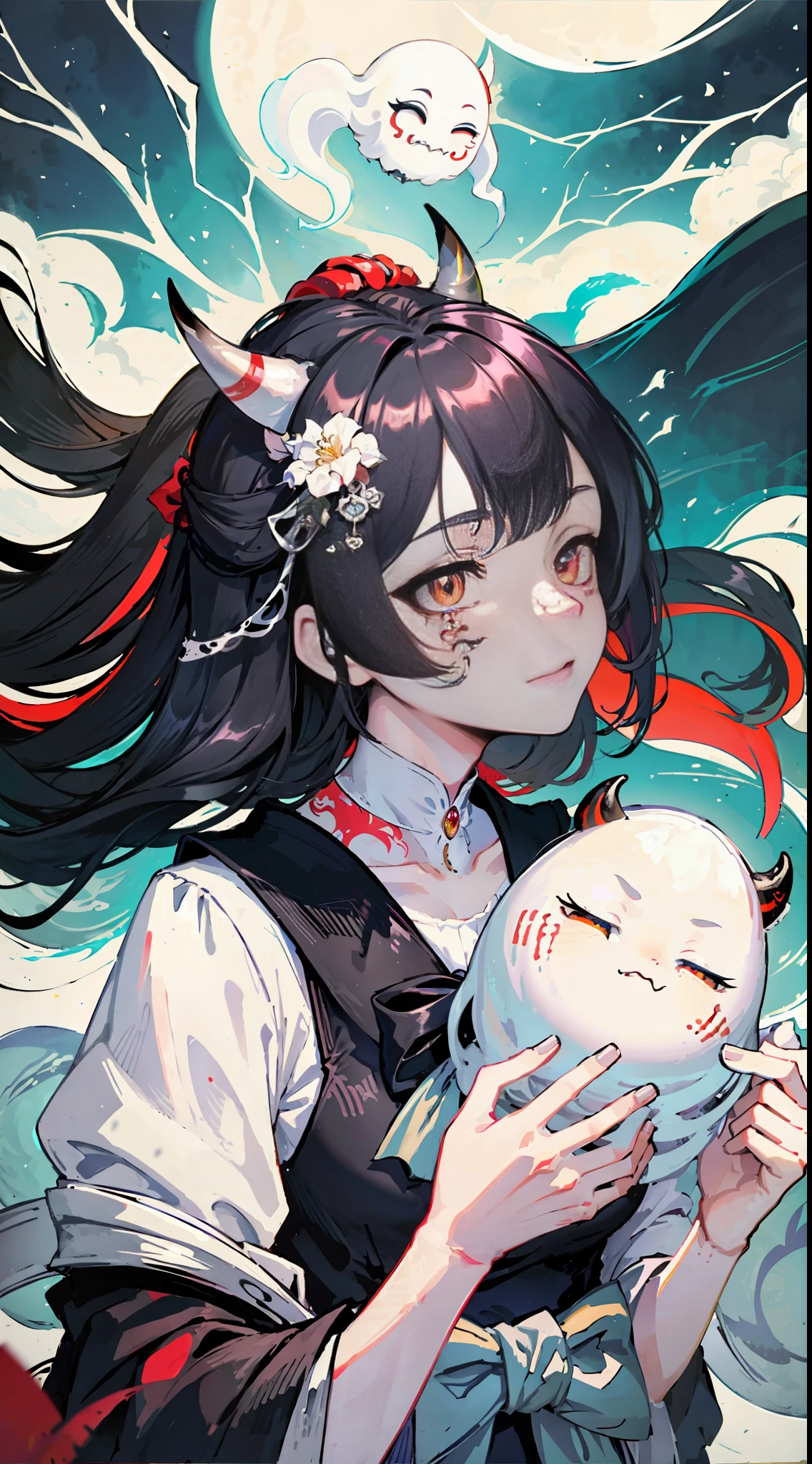 Masterpiece, Best Quality, (Intricate Details: 1.2), Beautiful Face, Anime Illustration, (Black and White Theme), Ukiyo-e, ((1girl, (Facial Tattoo: 1.2), Little Ghost Horn, )), Anime Girl with Tiger Eyes and Black Hair, Red Eyes, This painting depicts a person holding a tiger head up close and presents a dark witch-like character. She has beautiful long hair, white and black hair, and this painting is a beautiful comic art. The character is murderous, as if he wants to bite down, with crystal clear hair and wary eyes. But on the screen, you can see the incarnation of the holy elements of the gods