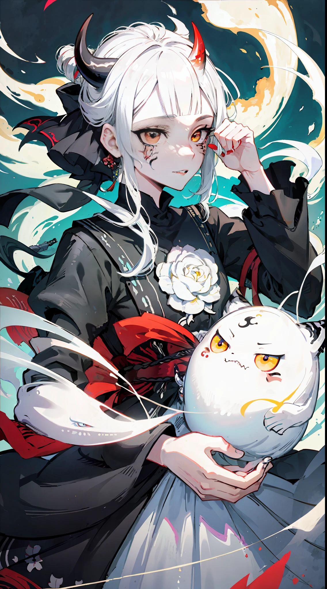 Masterpiece, Best Quality, (Intricate Details: 1.2), Beautiful Face, Anime Illustration, (Black and White Theme), Ukiyo-e, ((1girl, (Facial Tattoo: 1.2), Little Ghost Horn, )), Anime Girl with Tiger Eyes and Black Hair, Red Eyes, This painting depicts a person holding a tiger head up close and presents a dark witch-like character. She has beautiful long hair, white and black hair, and this painting is a beautiful comic art. The character is murderous, as if he wants to bite down, with crystal clear hair and wary eyes. But on the screen, you can see the incarnation of the holy elements of the gods