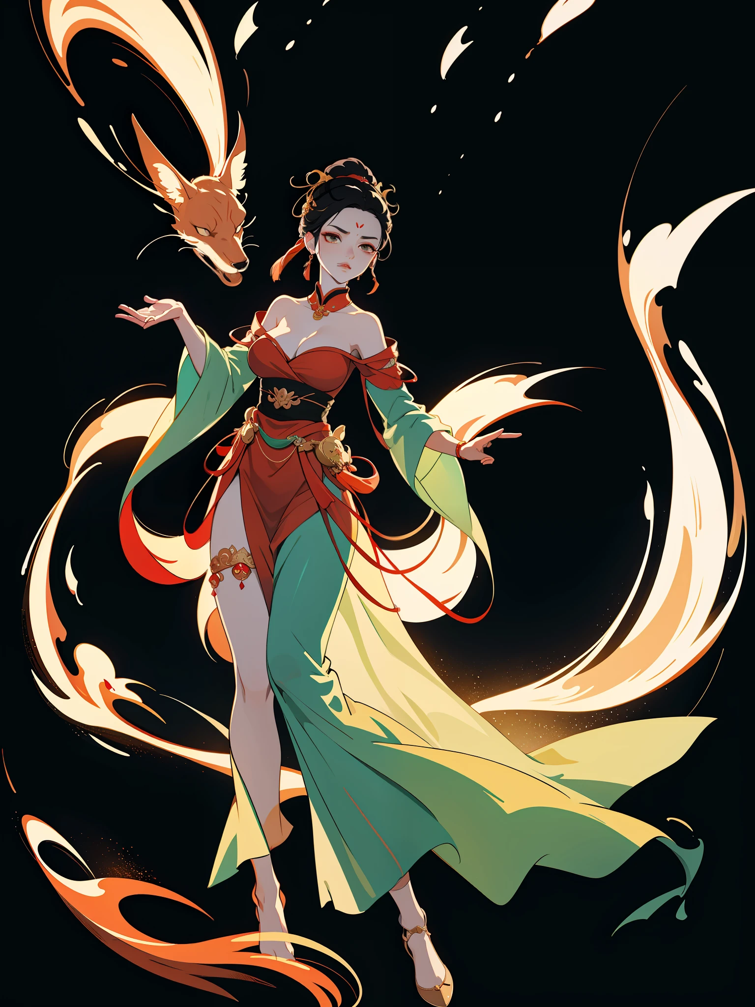 An ancient Chinese woman, fox eyes, full body, a fox tail, amazing facial features, flowing skirt leaking neck and shoulders, loose tunic, intricate design, black background, game model, stunning lighting, C4D, OC rendering, cinematic edge light, fine light, masterpiece, ultra detail, epic composition, super HD, high quality, highest quality, 32k
