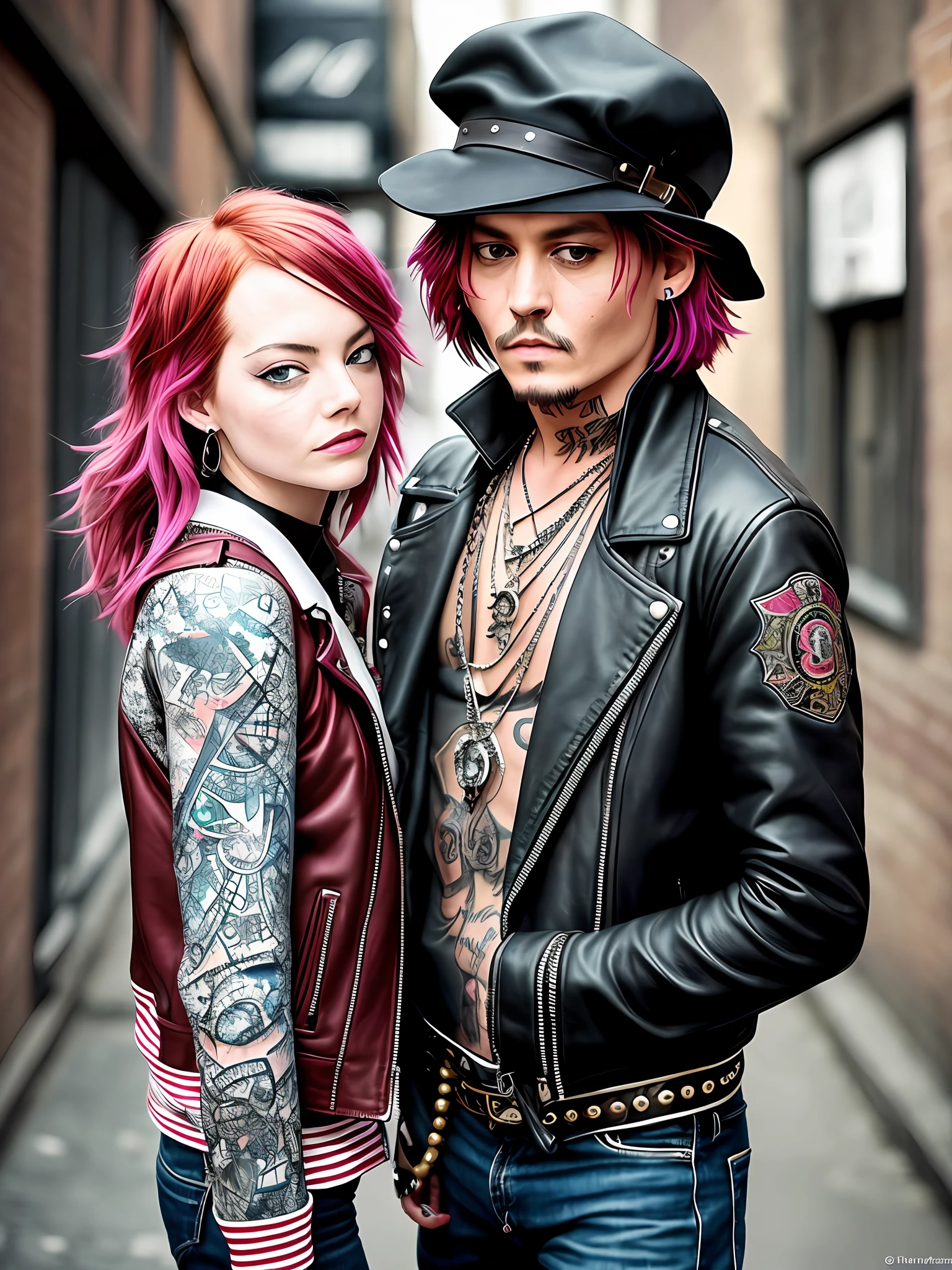 Johnny Depp and Emma Stone: Johnny Depp and Emma Stone ignite the screen with their electrifying chemistry as they portray characters in a gritty urban drama. Johnny embraces a rebellious and edgy style, clad in leather jackets, ripped jeans, and adorned with tattoos and piercings that reflect his raw and unconventional nature. Emma exudes a captivating allure in a mix of vintage and modern fashion, blending elegance with a hint of rebellion. They navigate the gritty streets of a bustling city, with graffiti-covered walls and dimly lit alleyways, capturing the essence of urban life and its complexities. Through their intense performances and the urban backdrop, they immerse us in a world of passion, turmoil, and the pursuit of self-discovery