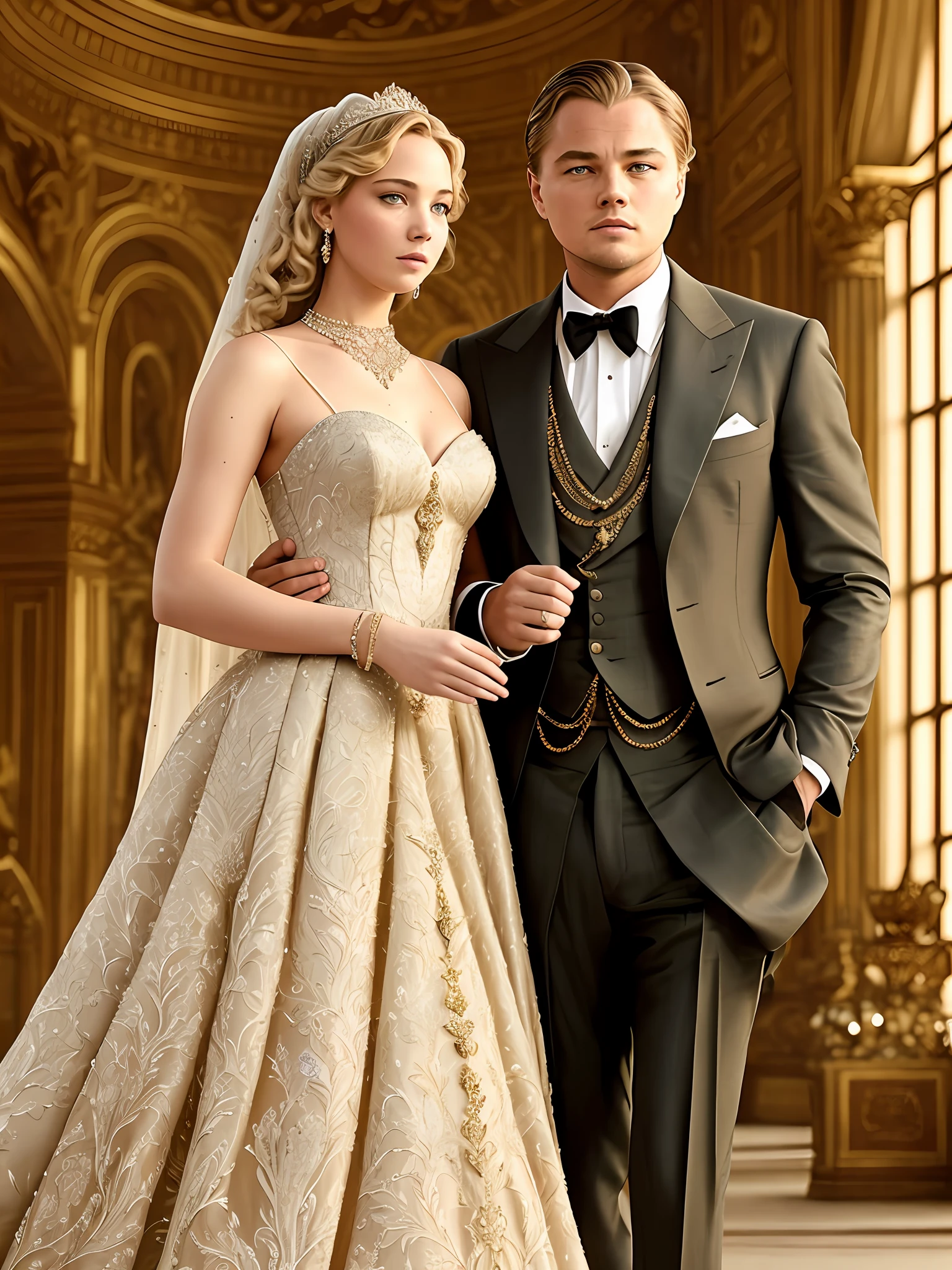 Leonardo DiCaprio and Jennifer Lawrence: Leonardo DiCaprio and Jennifer Lawrence take us on an exhilarating journey through time as they portray characters in a historical epic. Leonardo exudes charisma and power in regal attire, adorned with intricate embroidery and majestic accessories that reflect his noble stature. Jennifer captivates with her beauty and strength, dressed in a flowing gown that evokes the elegance of a bygone era. They find themselves amidst a grand palace, its opulent halls and sprawling gardens serving as the backdrop to their captivating story. Through their remarkable performances and the breathtaking setting, they transport us to a world of historical intrigue and timeless romance.