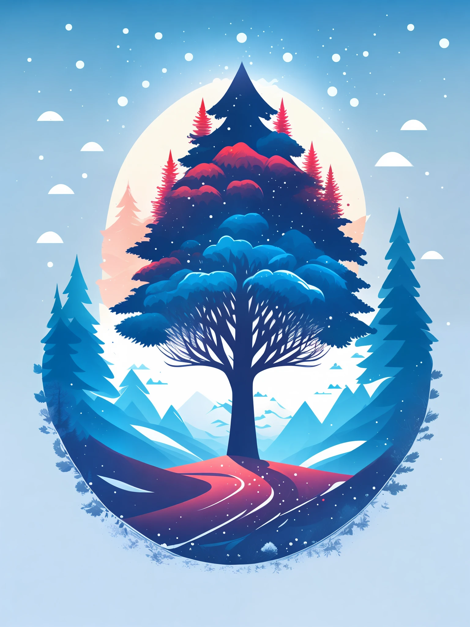 a spruice tree in a winter landscape, tshirt design, rzminjourney, vector-art