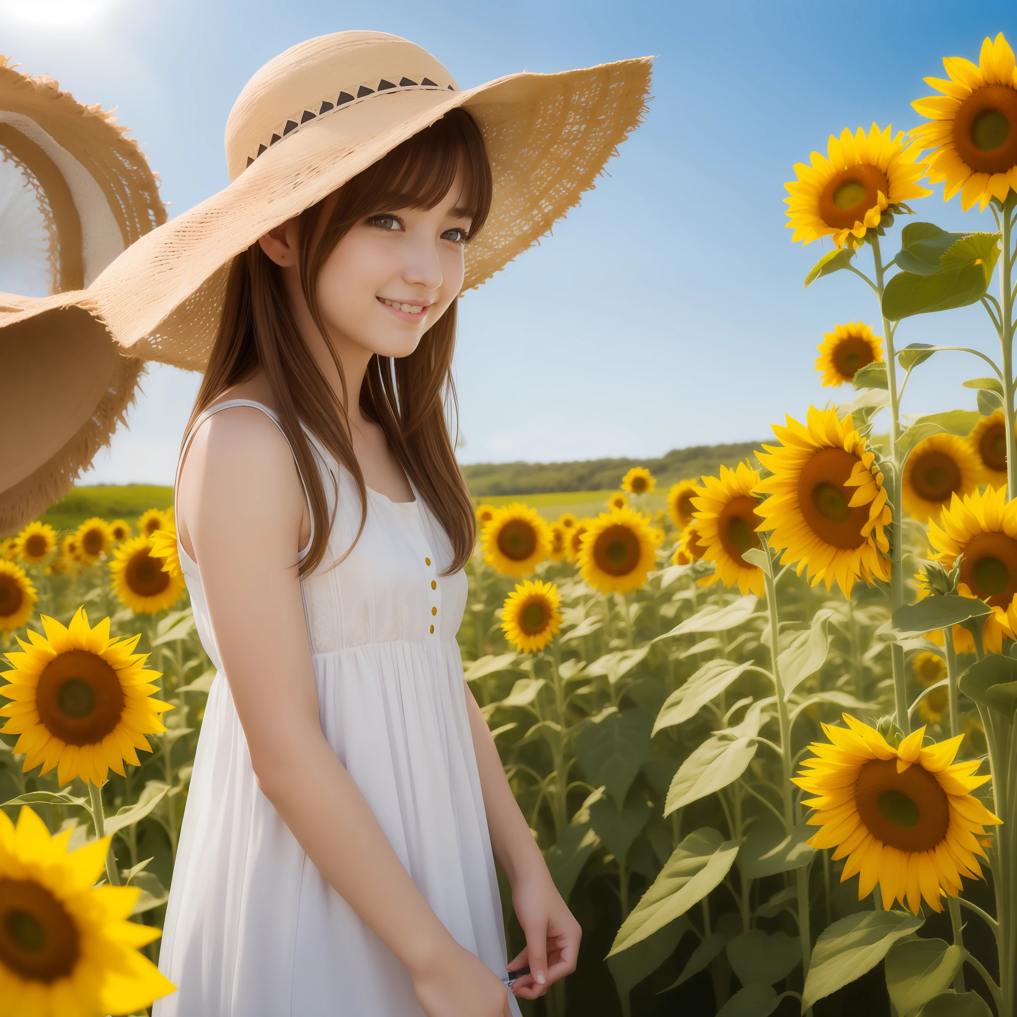 Girl with sunflower and straw hat in the field, pixiv, fantasy art, beautiful girl with sunflowers, cute realistic portrait wearing straw hat, super high resolution, sweet smile, realistic cute girl drawing, beautiful anime portrait, cute art style, beautiful character drawing, detailed portrait of girl, Cute girl portraits, detailed backgrounds, realistic backgrounds and details enhanced. (Cat ears)