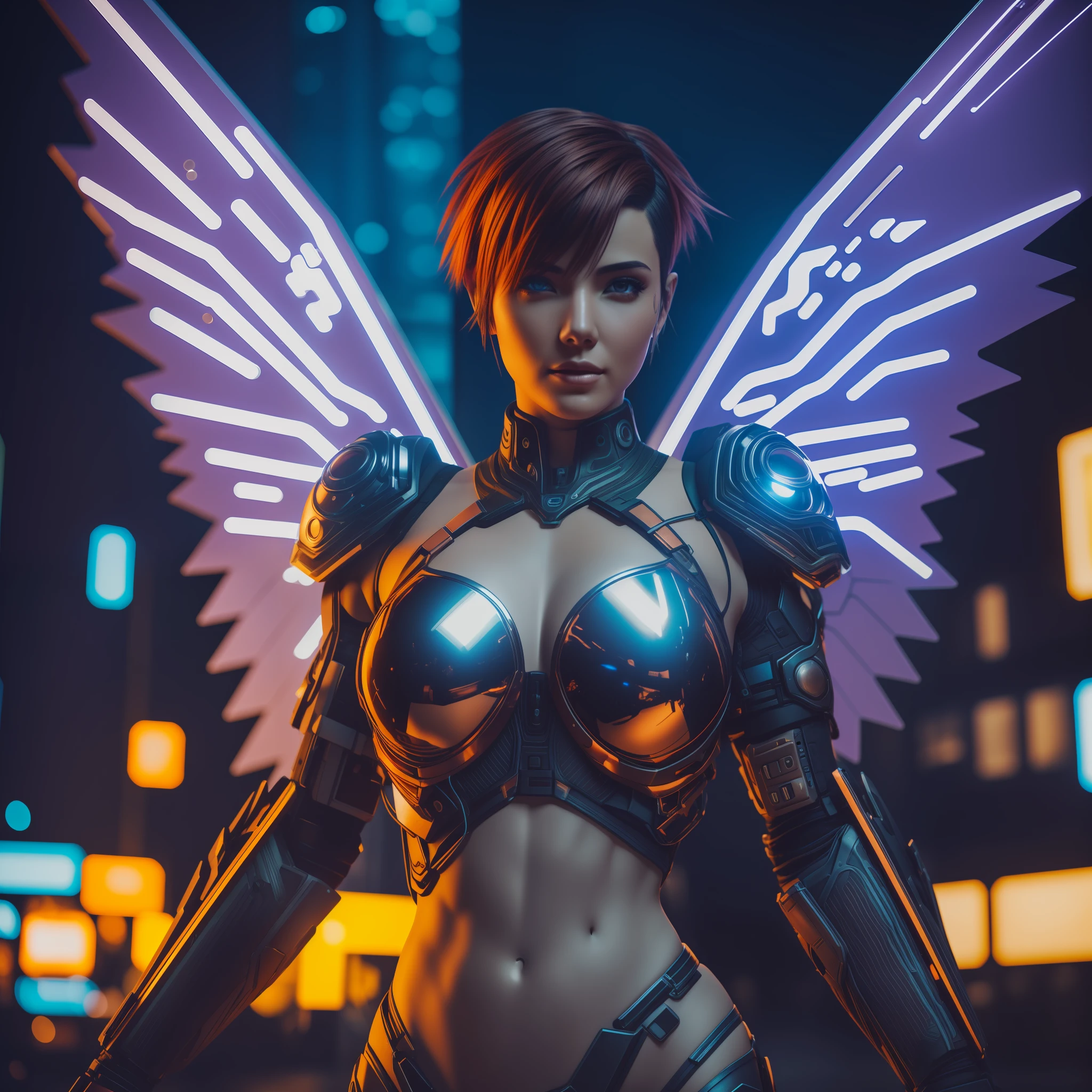 Mid body, An Ultra realistic beautiful cyberpunk angel, detailed beautiful face, facing camera, belly, hips, technologic combat suit, metallic wings with LED lights, sidecut short copper hair, tattooed body, at futuristic cityscape background, almond eyes, night sky with stars, 8k, HDR, ultra realistic, realistic skin, masterpiece, best quality, high quality, photo realistic, ray tracing, full body