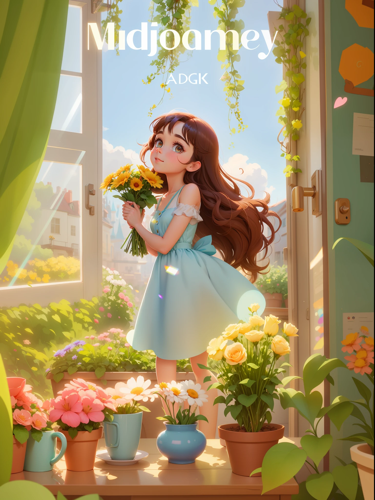close-up of cartoon character holding a bouquet of flowers, broken rainbow glass reflecting light and shadow on eyes, Disney animation style, cute digital painting, animation style rendering, cute detailed digital art, trends on cgstation, beautiful digital illustration, beautiful digital artwork, animated film, cute digital art, character is in her natural pose, fantasy matte painting, cute, animated movie, atey ghailan 8 k