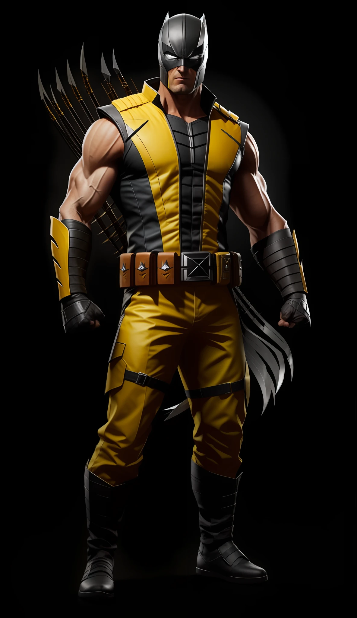 A man in yellow costume and black mask holding a bow and arrow, standing in front of gray background with lightning effect, yellow X-Men costume, full body X-Men costume, high-detail iconic character, Hawkeye, full body X-force costume, X-Men costume, Wolverine Eat, Marvel character, fighting game character, Wolverine action pose, video game character, Wolverine, comic book character, Mortal Kombat character, X-Man costume, Boris Johnson as Wolverine, Unreal Engine