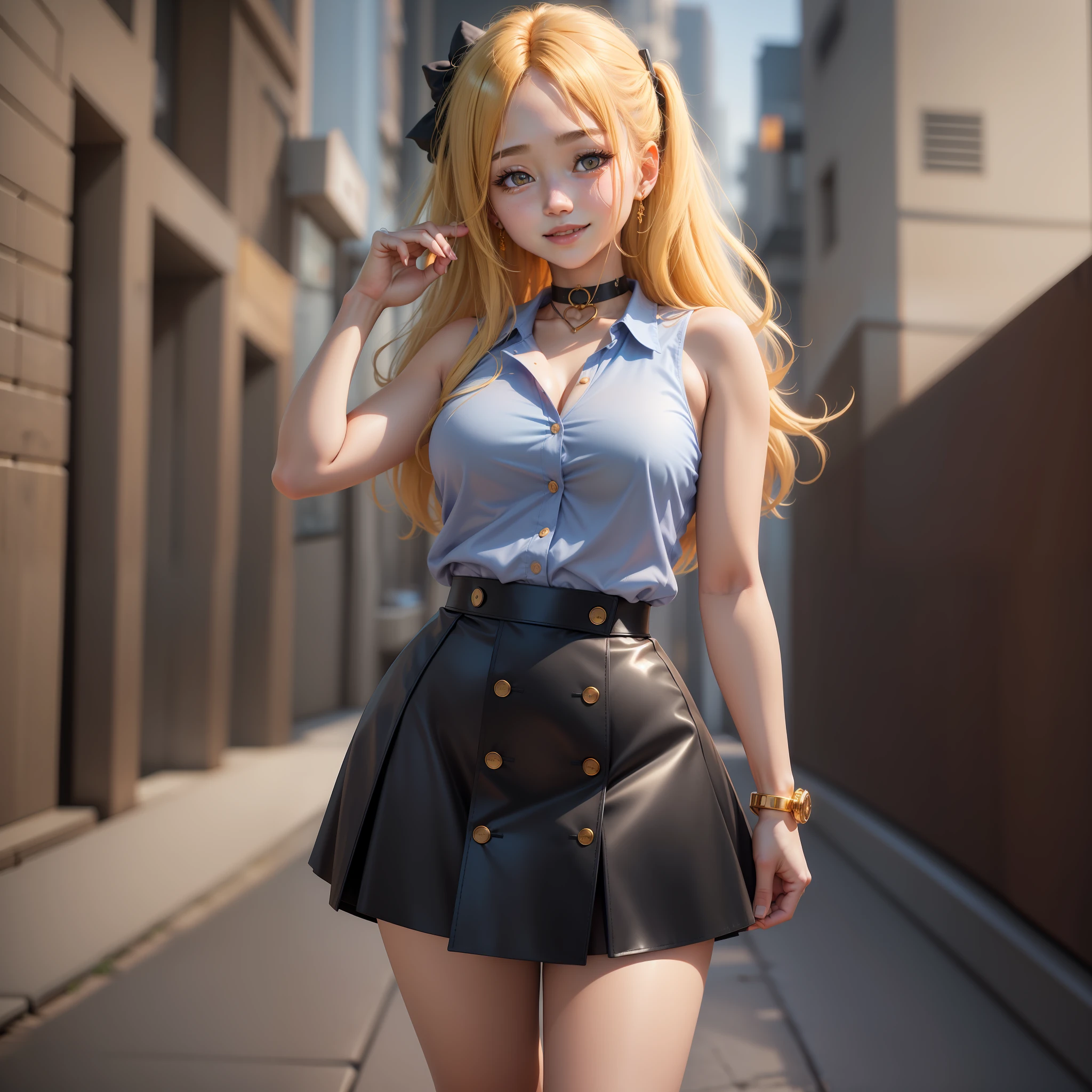 best quality, ultra high res, 1girl, sleeveless blue button shirt, black skirt, black choker, cute, (Kpop idol), (aegyo sal:1), (golden blonde hair:1), ((puffy eyes)), looking at viewer, full body, facing front, glow skin, smile, thick ass