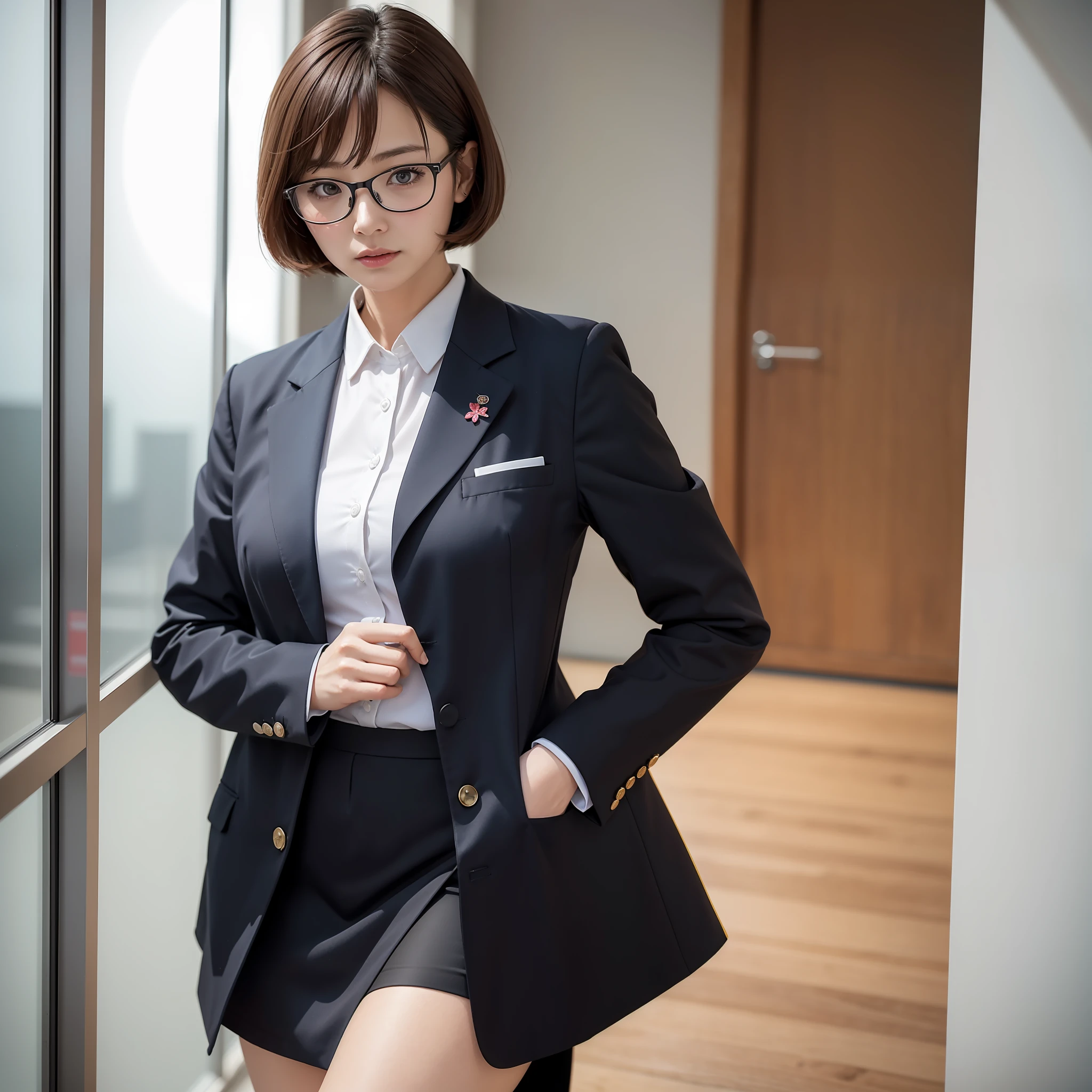 OL uniform arafe woman posing for photo, alone, solo, small, glasses, anger, slim girl model photo, physical: Tinyest mid-life ever, female model, Japan female fashion model, Sakura Miyawaki, LE SSERAFIM, (8k, RAW photo, best quality, masterpiece: 1.2), (realistic, photorealistic: 1.37), ultra detailed, ultra high definition, summer, office district, standing figure, whole body, (((SEXY)))
