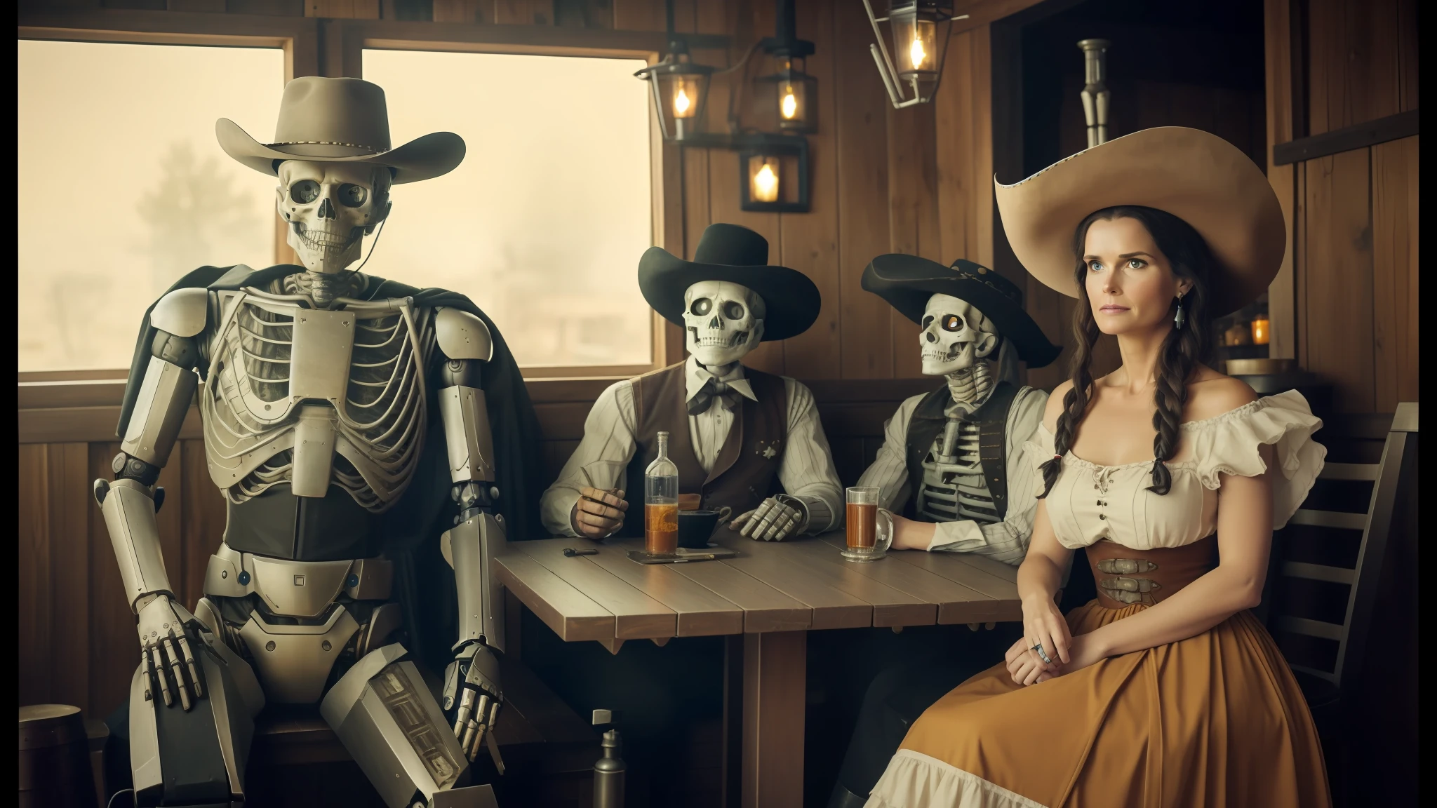 there are people sitting at a table with a robot in a restaurant, in an old west cabin, promo still, skeletons, cosplay, annie leibovitz photography, trooper, ted danson, [ metal ], taken in 2022, cowboy style, halloween, cyborg necromancer, inspired by Laurie Lipton, westworld, starring geena davis, robotic