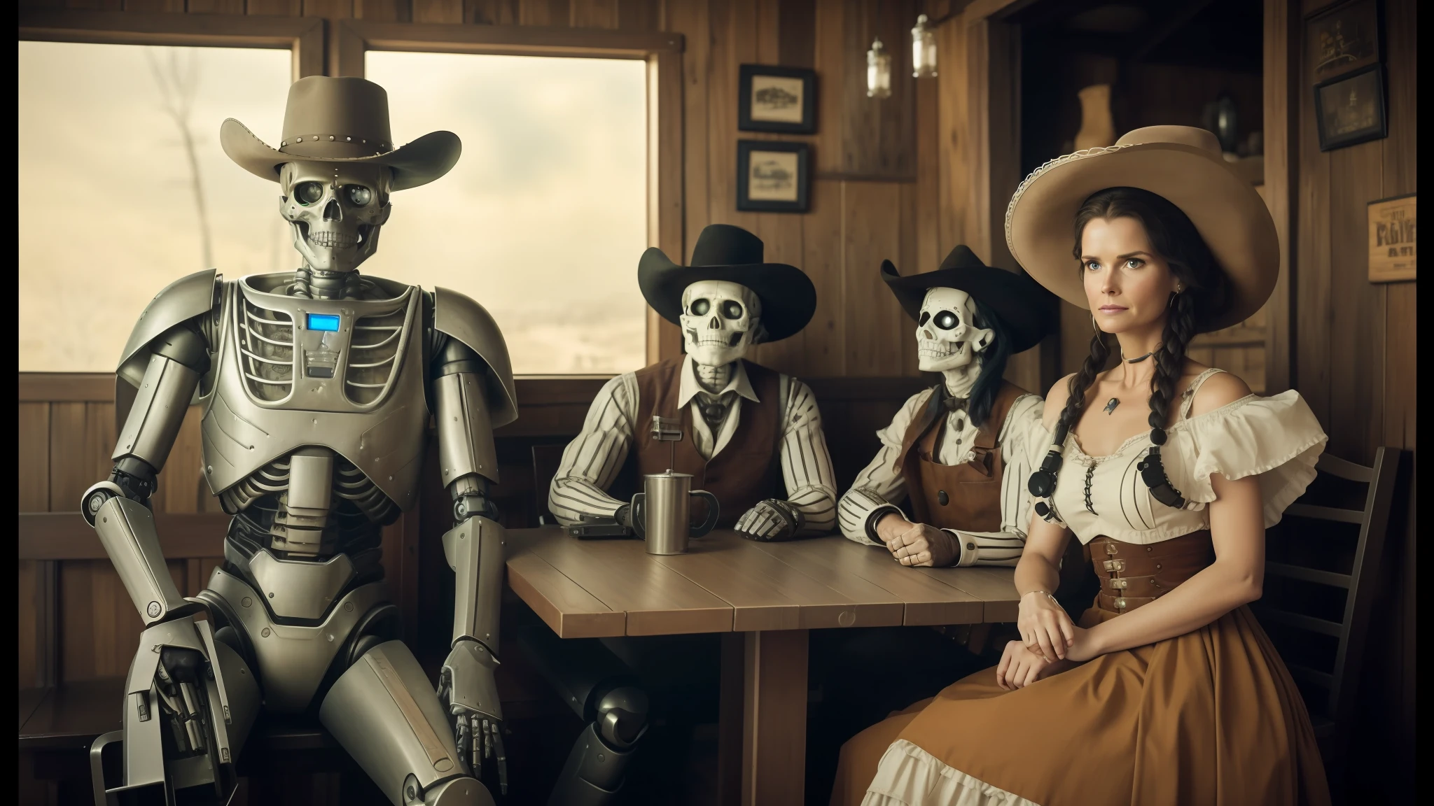 there are people sitting at a table with a robot in a restaurant, in an old west cabin, promo still, skeletons, cosplay, annie leibovitz photography, trooper, ted danson, [ metal ], taken in 2022, cowboy style, halloween, cyborg necromancer, inspired by Laurie Lipton, westworld, starring geena davis, robotic