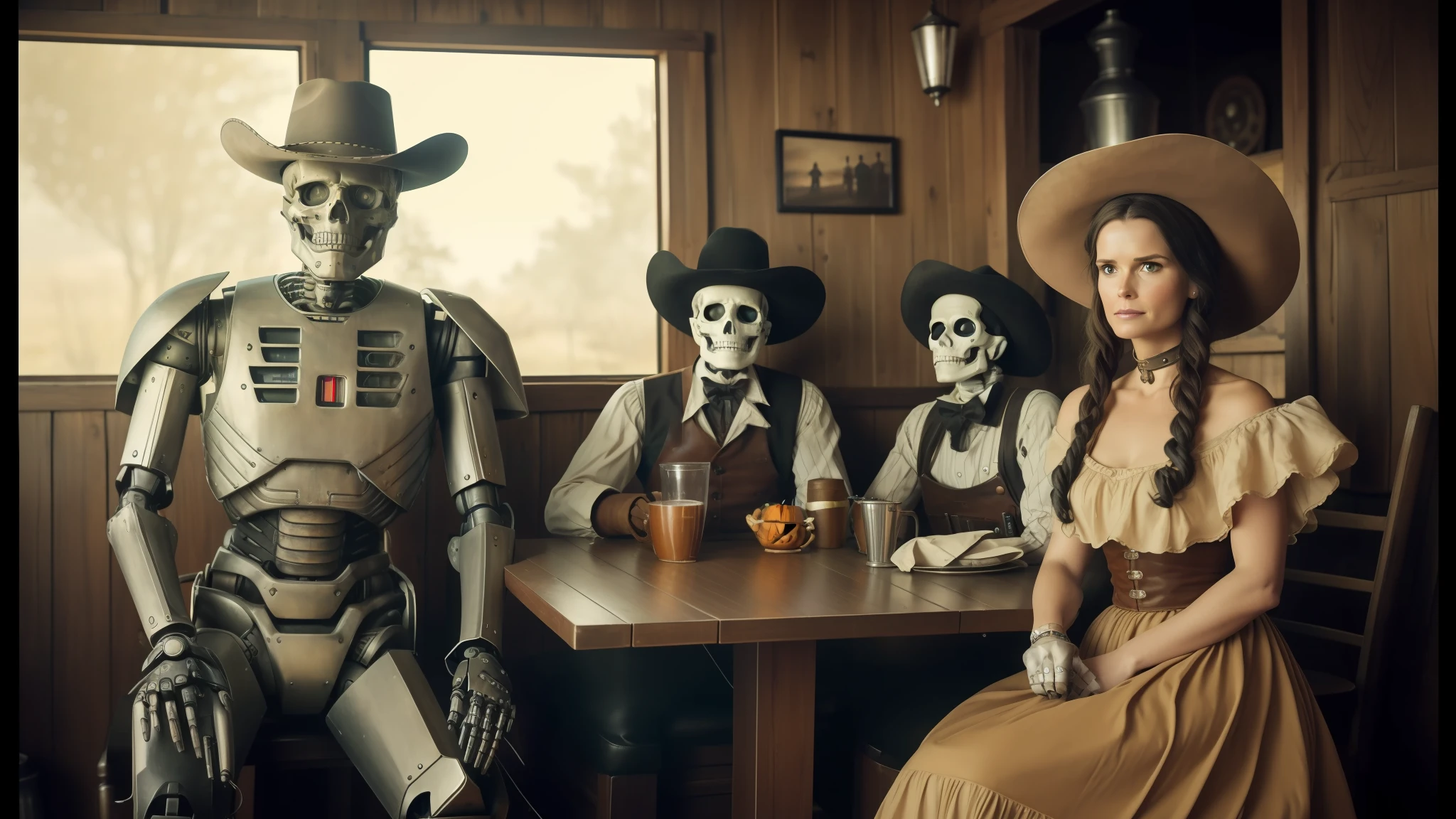 there are people sitting at a table with a robot in a restaurant, in an old west cabin, promo still, skeletons, cosplay, annie leibovitz photography, trooper, ted danson, [ metal ], taken in 2022, cowboy style, halloween, cyborg necromancer, inspired by Laurie Lipton, westworld, starring geena davis, robotic