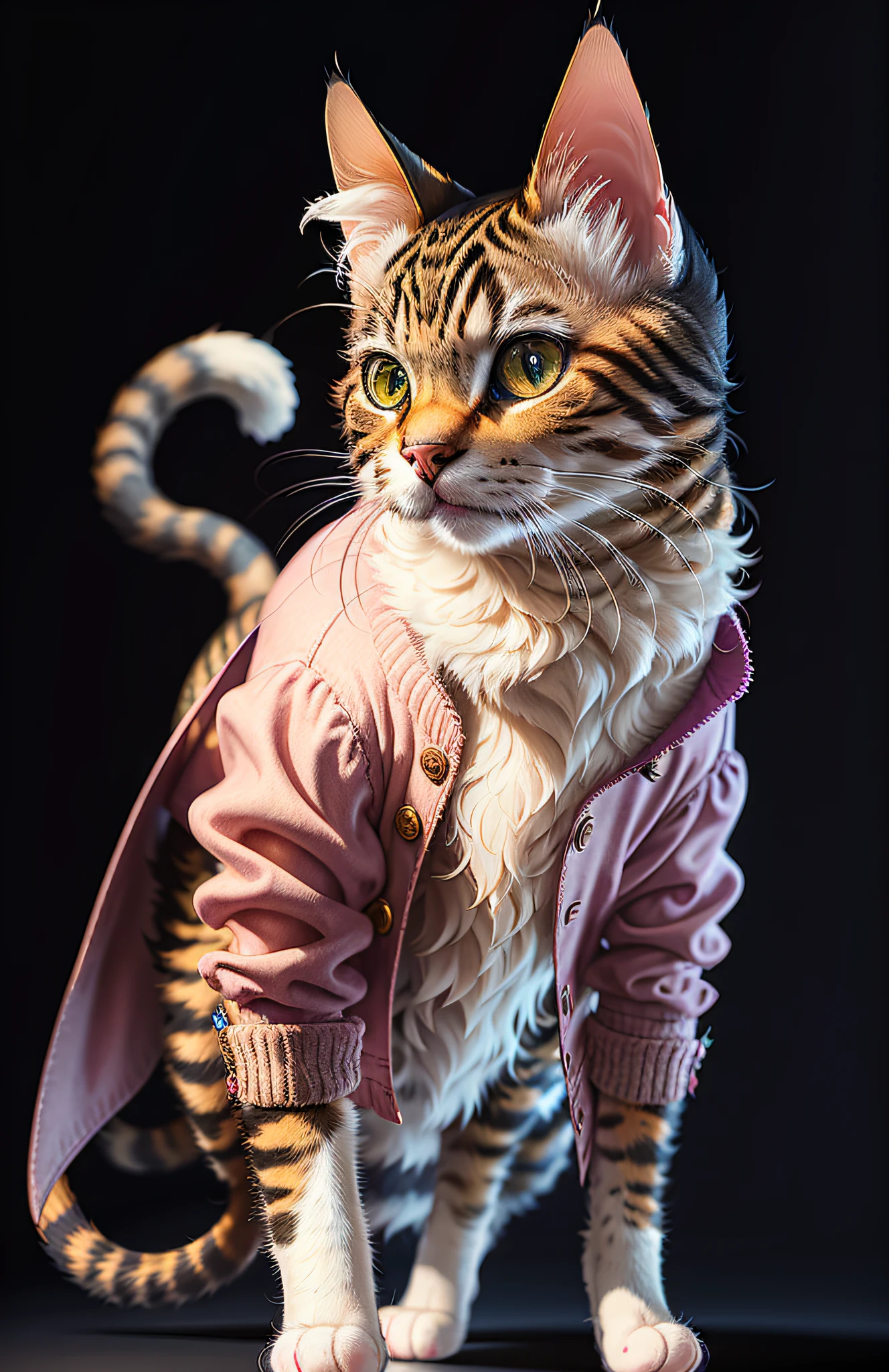 ((1 cat in clothes)), 1 cat, full shot, fluffy hair, anthropomorphic expressions, rich colors, exquisite details, masterpiece, realistic, artsation, cg, realistic, Unreal Engine, real light and shadow, beautiful rich colors, amazing details, high quality, a pair of ears