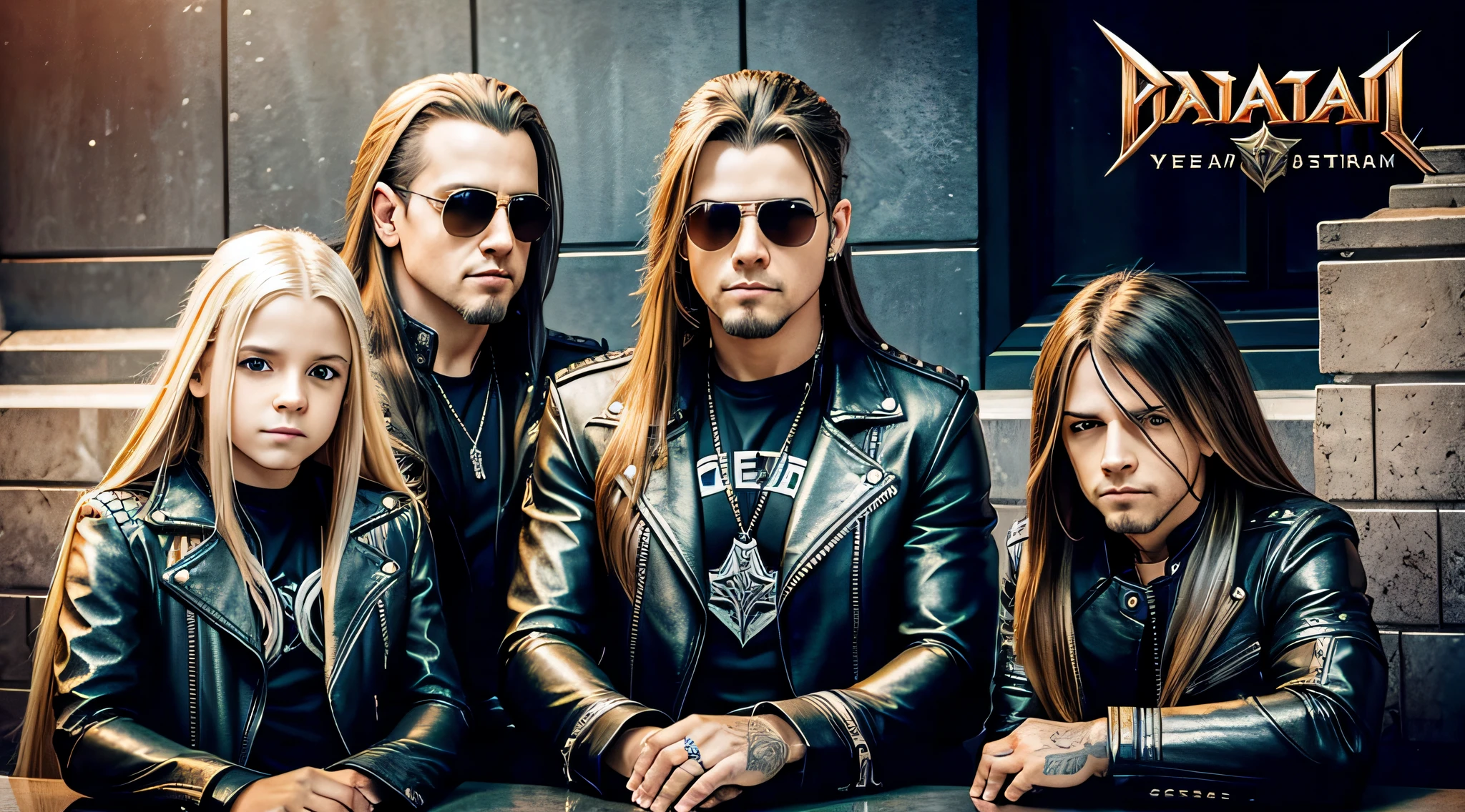 3 BOYS Russian children with 20 years old WITH LONG STRAIGHT BLONDE HAIR AND PIERCINGS, LEATHER JACKET AND BLACK CLOTHING, PORTRAIT STYLE, a closeup, album cover, evil album cover, alternate album cover, metal album cover, album cover, 2 0 0 6 promotional publicity photo, metallica, heavy rock band promotional photo,  Drew Struzan Tomasz Alen Kopera, album art, album cover art, Megadeth, Maiden, album, Heavy metal album cover