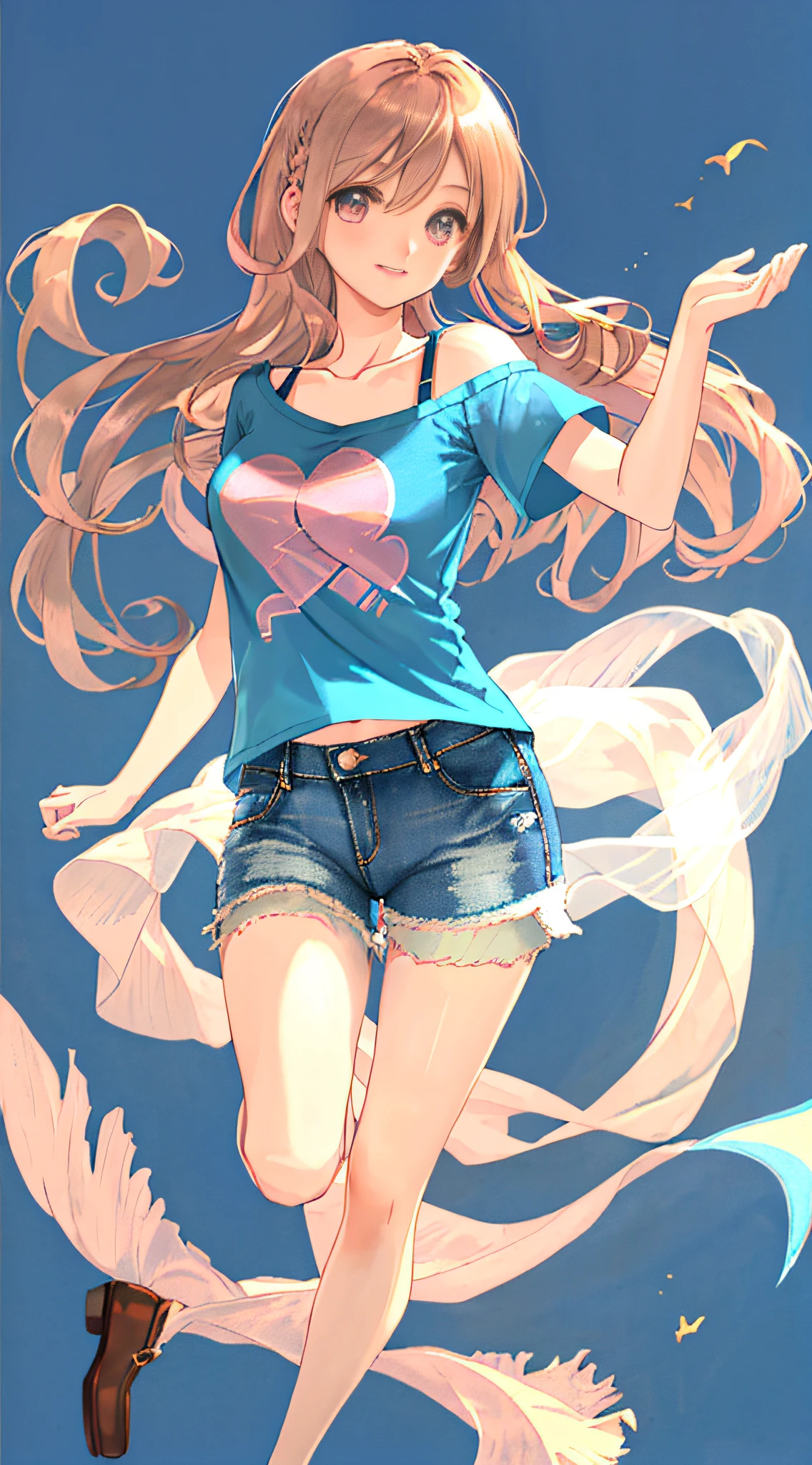 Realistic, textured skin, {best quality}, {highres}, beautiful and charming anime girl, full body photo, 28 years old, delicate and charming round face, smiling, slender and charming figure, delicate and charming collarbone, air bangs , dark hair, bright peach eyes, pink lips, double eyelids, deep cleavage, (blue appliquéd cotton jersey T-shirt, crafted from cotton jersey, classic crew neck and dropped shoulders, denim shorts), casual pose, bright background