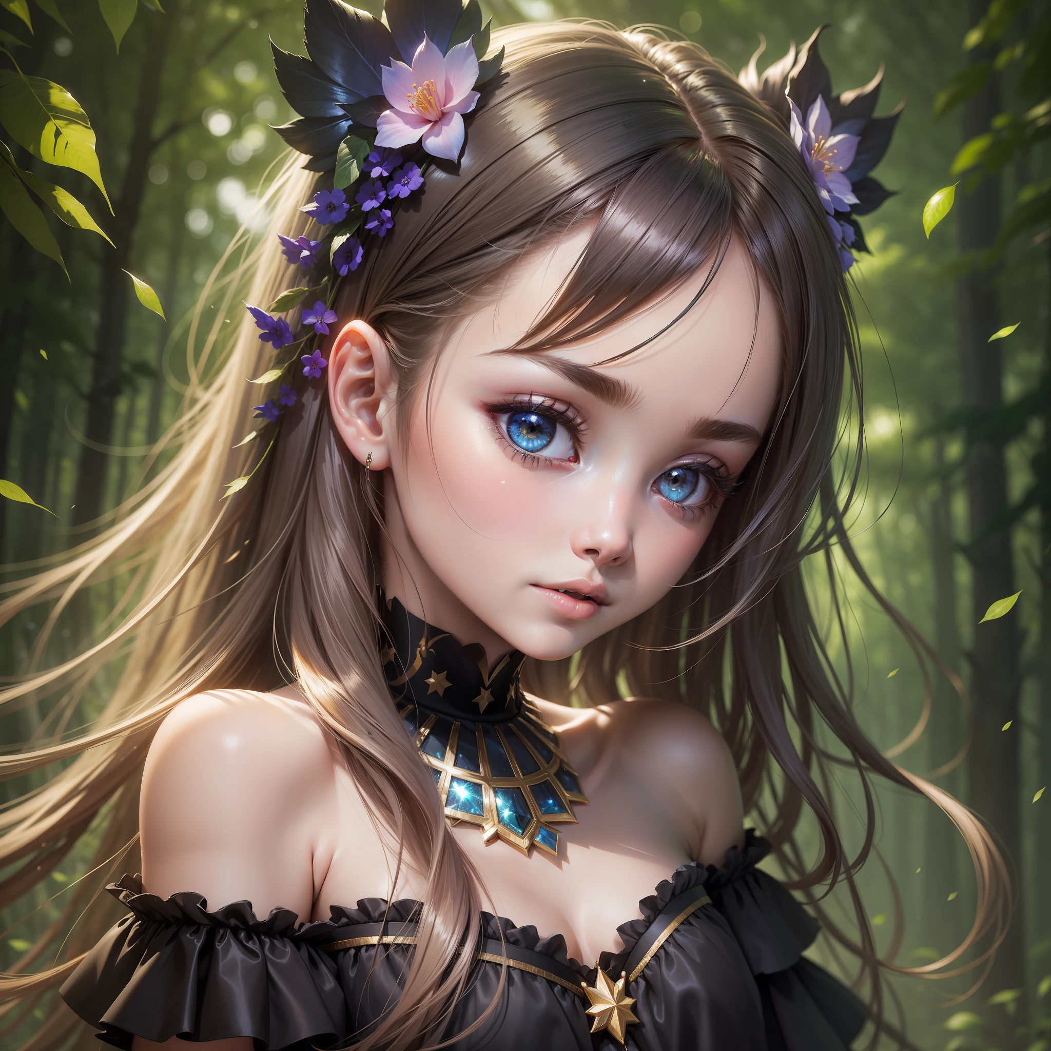 Masterpiece, best quality, super high resolution, fluorescent color, 1 girl, looking at the audience, beautiful face, beautiful eyes, (bare shoulder: 1.2), head up, upper body, forest, shiny hair, shiny skin, glowing cut, chibi, hands not shown: 1.5, black starlight dress, particles