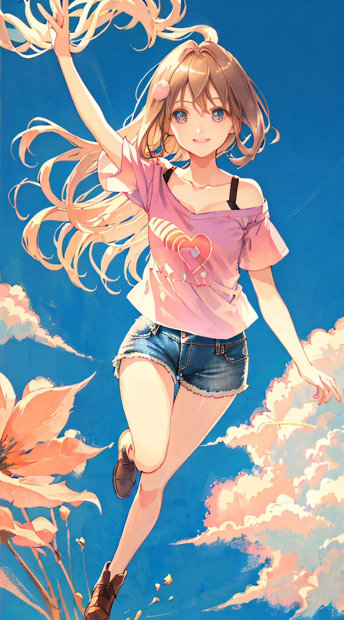 Realistic, textured skin, {best quality}, {highres}, beautiful and charming anime girl, full body photo, 28 years old, delicate and charming round face, smiling, slender and charming figure, delicate and charming collarbone, air bangs , dark hair, bright peach eyes, pink lips, double eyelids, deep cleavage, (blue appliquéd cotton jersey T-shirt, crafted from cotton jersey, classic crew neck and dropped shoulders, denim shorts), casual pose, bright background