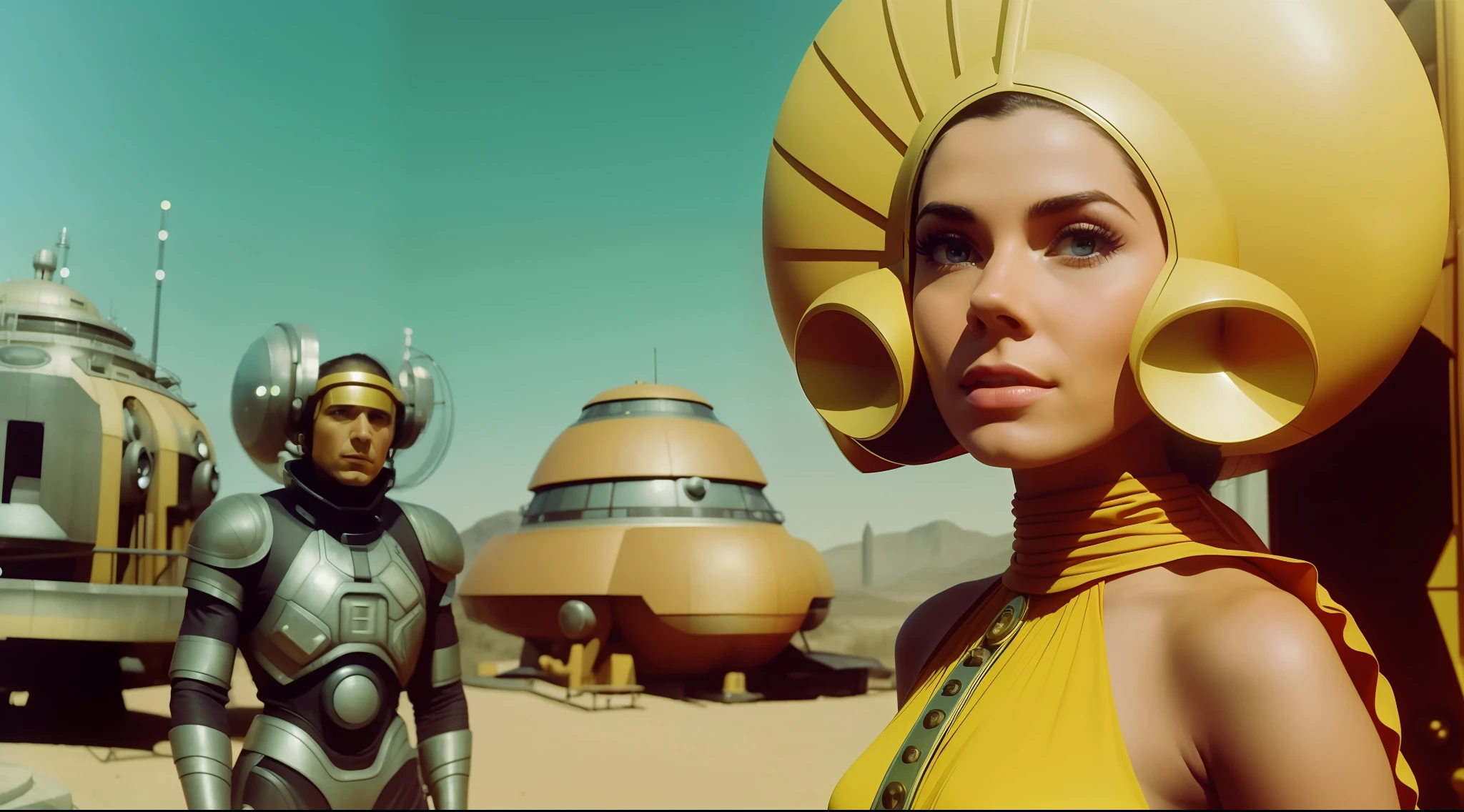 a woman (Amy Bailey) in a yellow dress standing next to a man in a sci - fi, a matte painting by Jean Fautrier, trending on cg society, retrofuturism, reimagined by industrial light and magic, 1970s, sci-fi