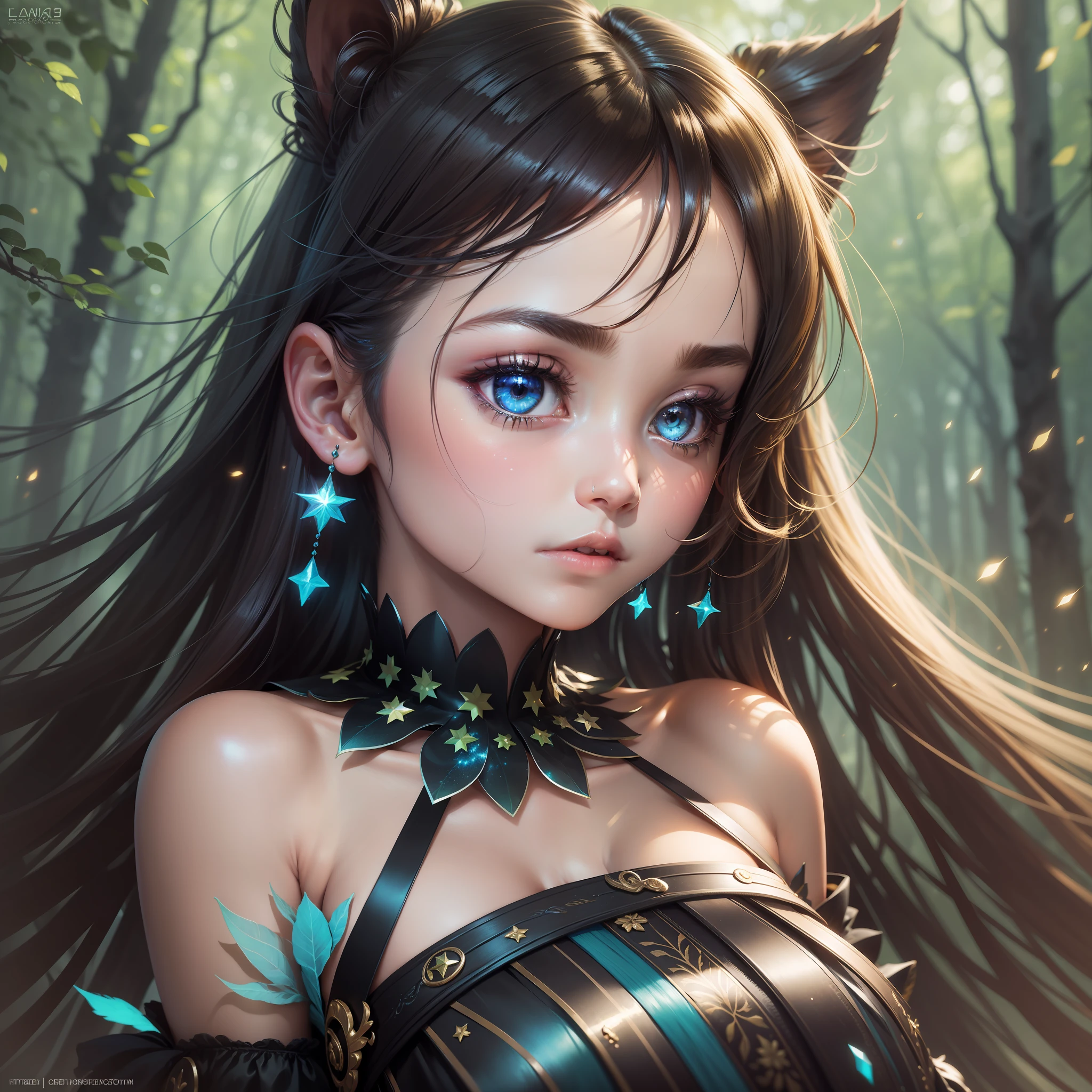 Masterpiece, best quality, super high resolution, fluorescent color, 1 girl, looking at the audience, beautiful face, beautiful eyes, (bare shoulder: 1.2), head up, upper body, forest, shiny hair, shiny skin, glowing cut, chibi, hands not shown: 1.5, black starlight dress, particles