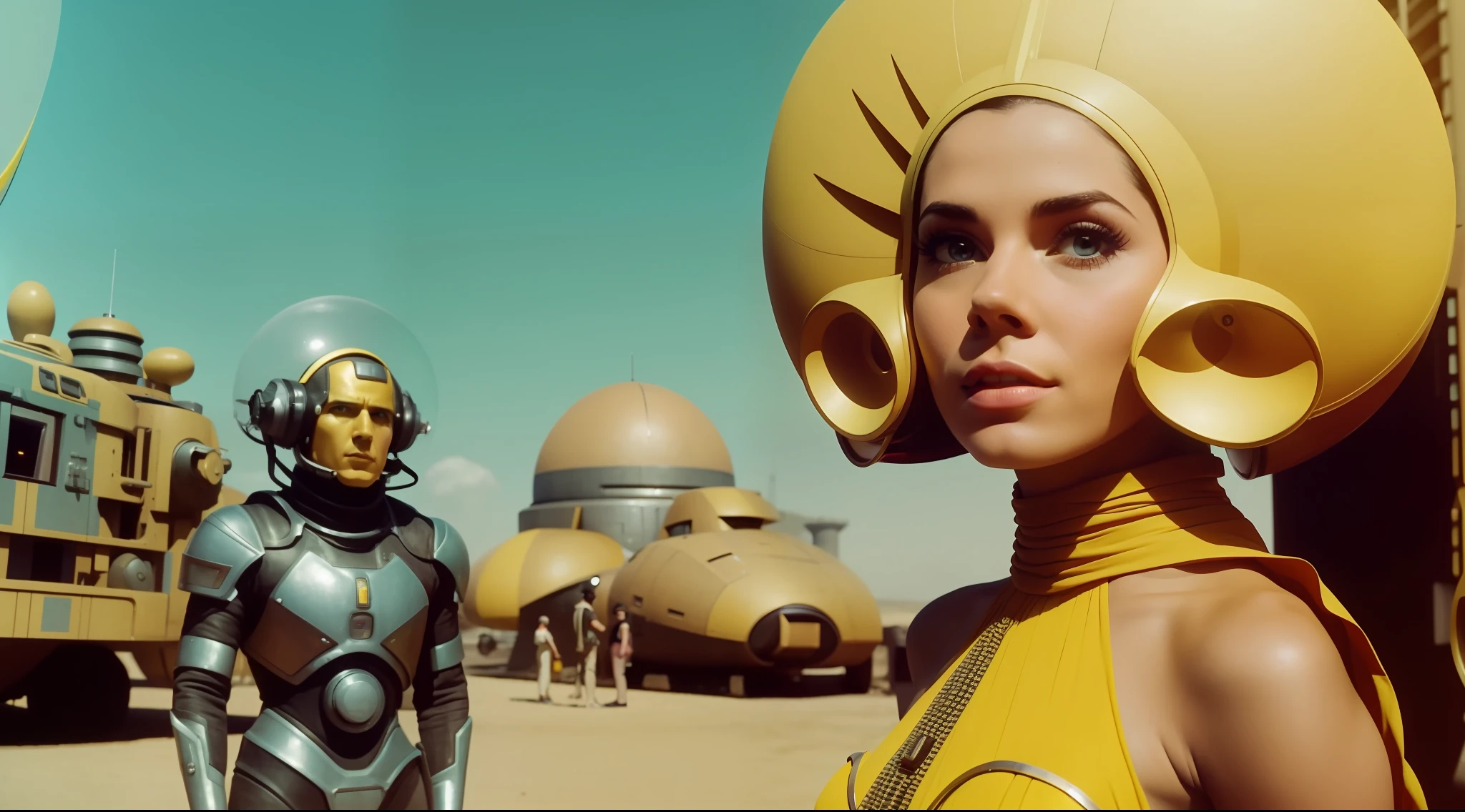 a woman (Amy Bailey) in a yellow dress standing next to a man in a sci - fi, a matte painting by Jean Fautrier, trending on cg society, retrofuturism, reimagined by industrial light and magic, 1970s, sci-fi
