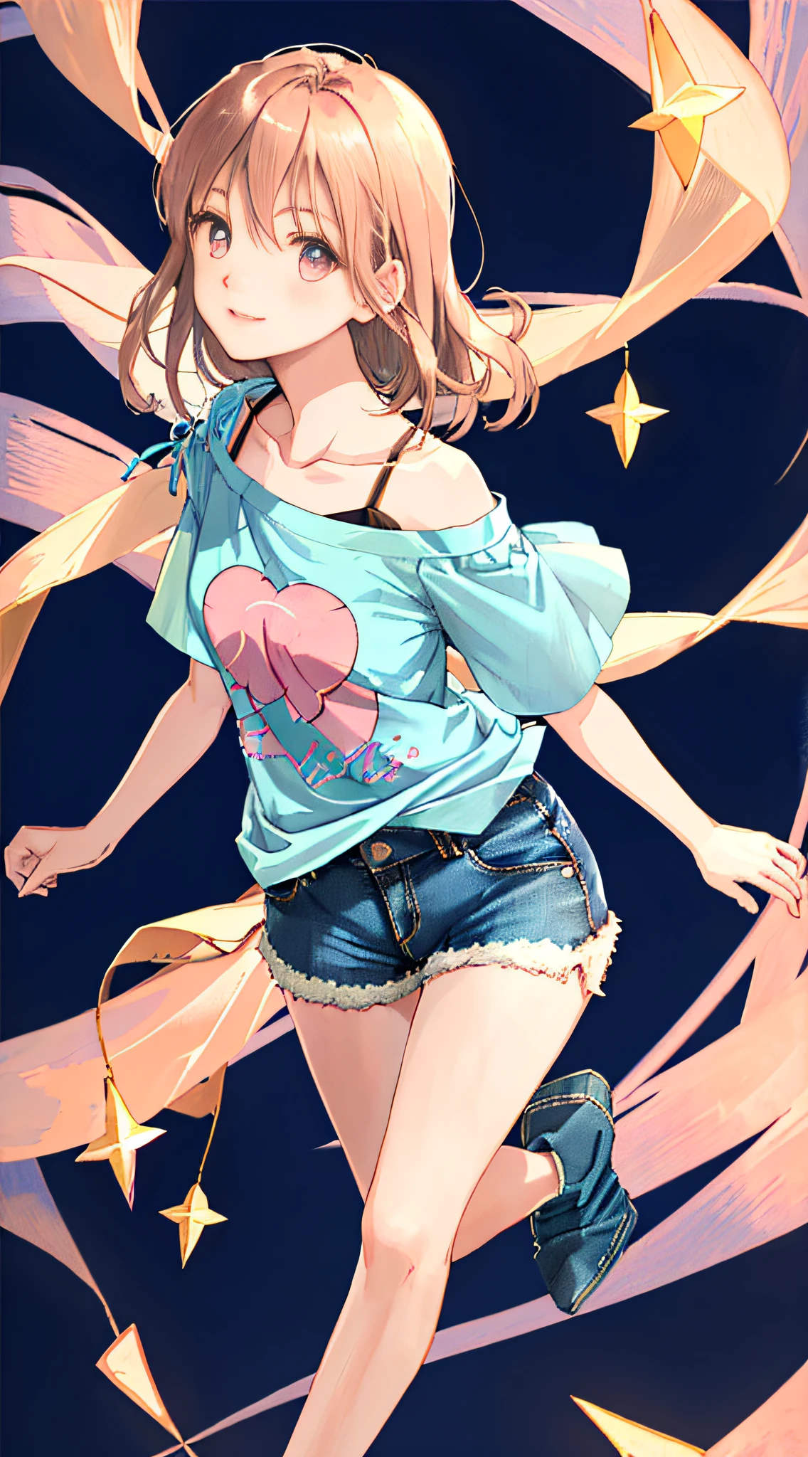 Realistic, textured skin, {best quality}, {highres}, beautiful and charming anime girl, full body photo, 28 years old, delicate and charming round face, smiling, slender and charming figure, delicate and charming collarbone, air bangs , dark hair, bright peach eyes, pink lips, double eyelids, deep cleavage, (blue appliquéd cotton jersey T-shirt, crafted from cotton jersey, classic crew neck and dropped shoulders, denim shorts), casual pose, bright background