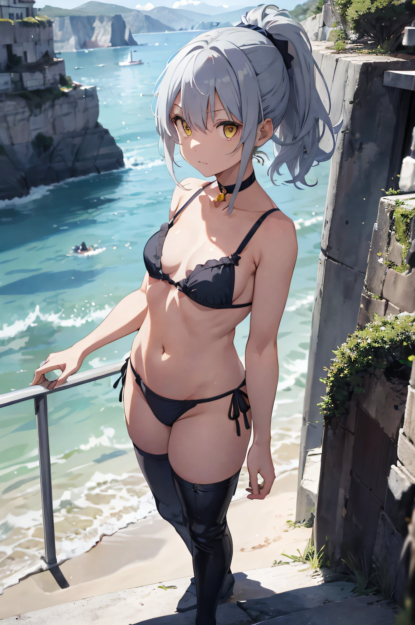 Movie angle, depth of field, (looking at the viewer), (right foreground: 1), (standing photo: 1),
(playing guitar: 1.3),
Cat Eared Girl, (Solo),Silver Hair,(White Skin:1), (Curvaceous:1.2), (Wide Hips:1.1), Cat Eared Girl,
(Beautiful Coast Background), (Coast Background: 1.4), (Coast Background: 1.4),
(yellow clothes), (bare shoulders, yellow micro bikini), (T-back panties: 1.2), sharp nails, detailed horns, choker, thigh boots,
(ponytail, hairs between the eyes), (silver-haired), (purple-eyed), (flat chest: 1.2),
expressionless, stunned, sleepy,
Wakame, wakame, wakame, wakame, wakame, wakame, wakame, wakame