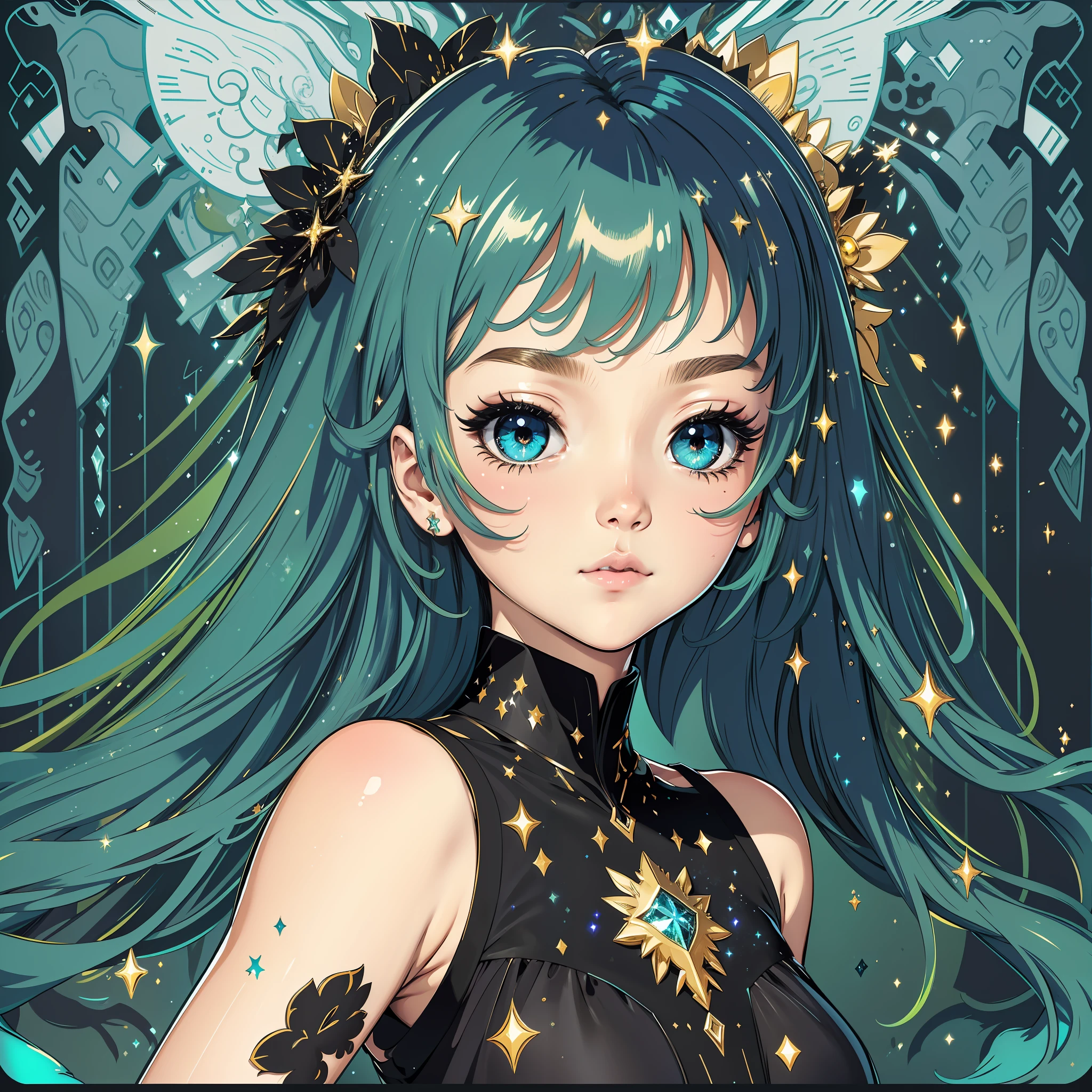 Masterpiece, best quality, super high resolution, fluorescent color, 1 girl, looking at the audience, beautiful face, beautiful eyes, (bare shoulder: 1.2), head up, upper body, forest, shiny hair, shiny skin, glowing cut, chibi, hands not shown: 1.5, black starlight dress, particles