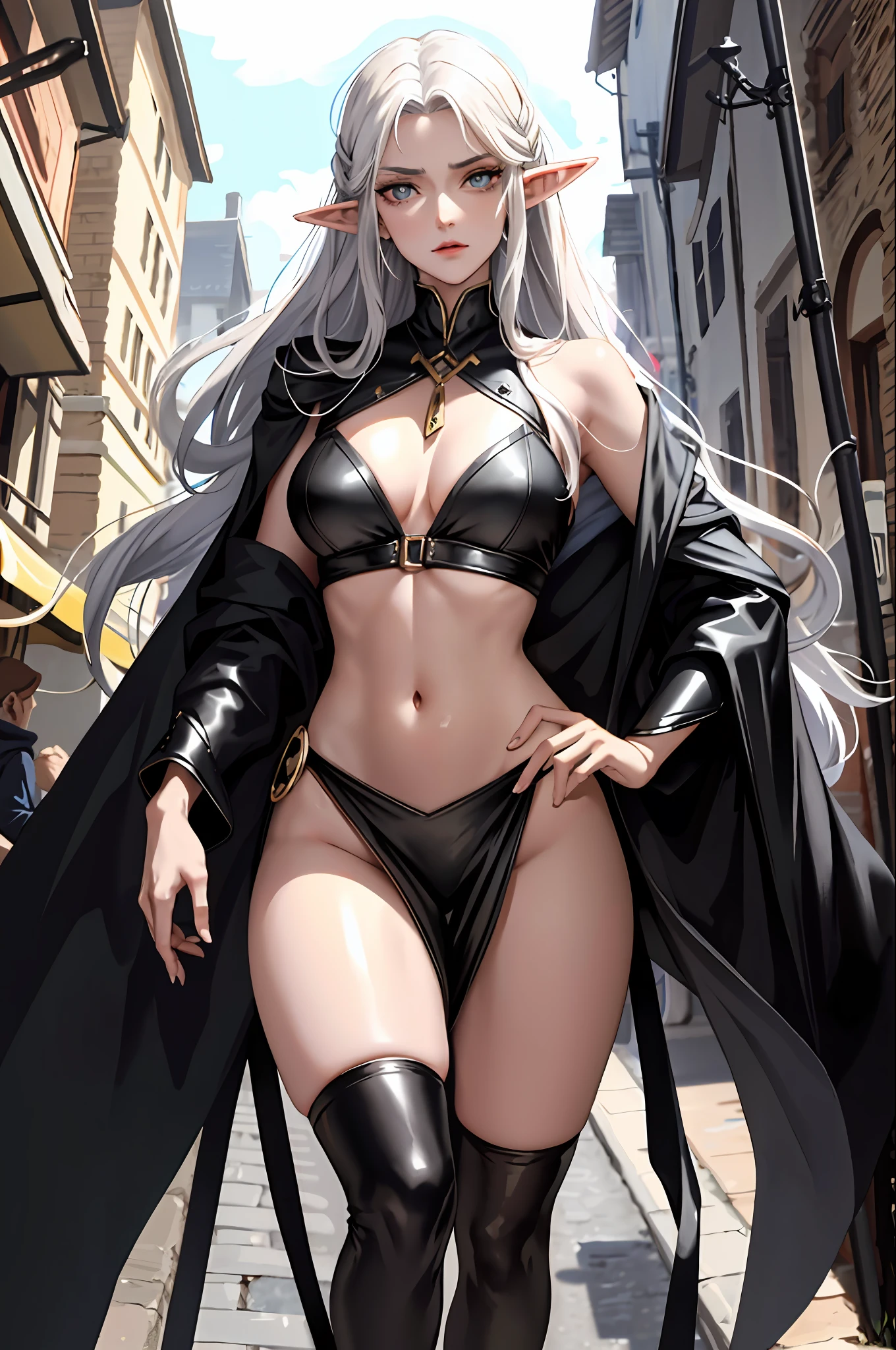 tall and beautiful elf woman, black pupils, contempt in her eyes, cold look, arrogant posture, chest, chest, exposed shoulders, exposed navel, exposed thighs, looking up at the camera, black tights, strolling through the streets of the Middle Ages,